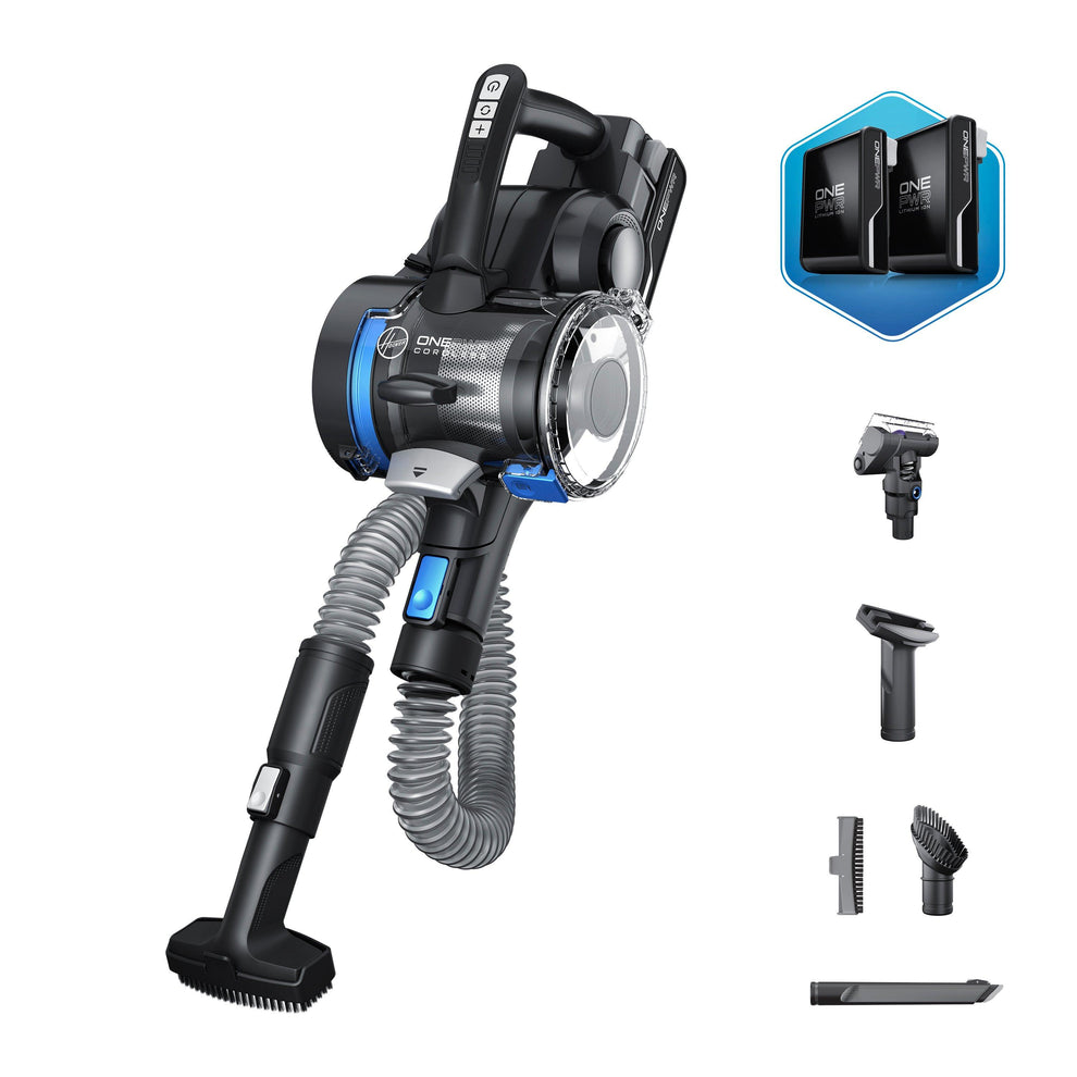 Handheld cordless vacuum cleaner with flexible hose attachment and multiple accessory tools, shown with a battery and charger included.