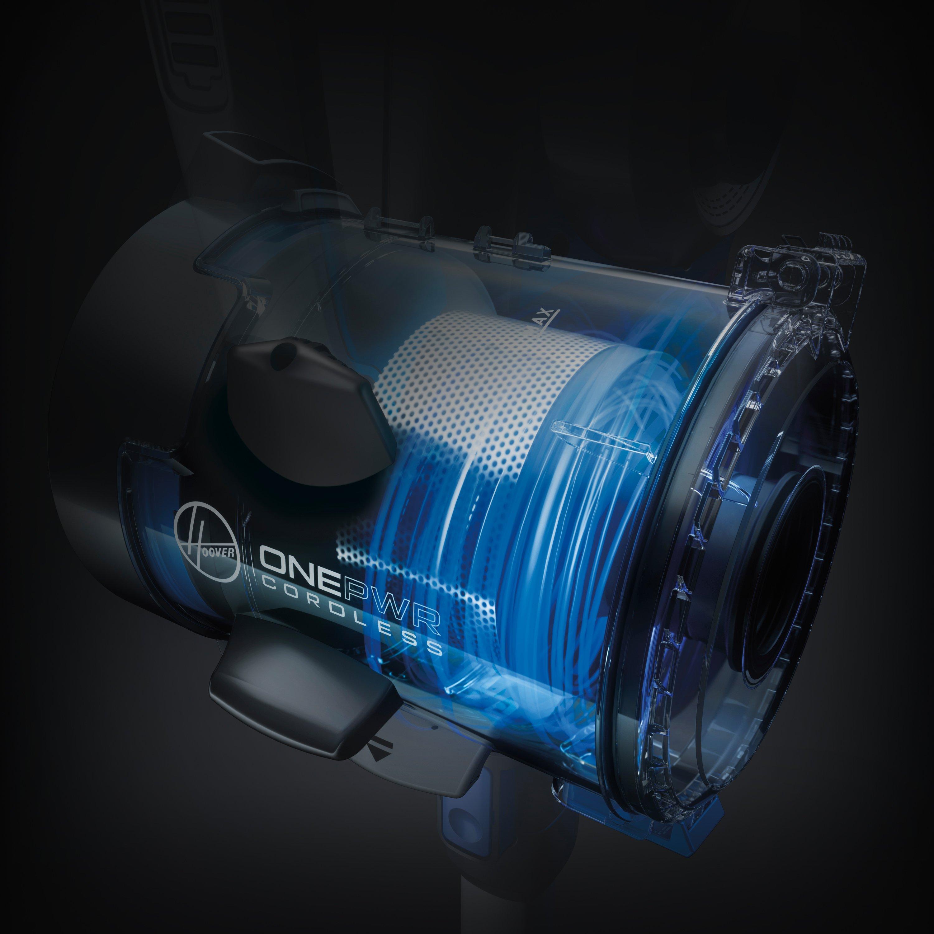 Close-up view of the internal components of a cordless vacuum cleaner, showcasing the advanced filtration system and cyclonic action designed for powerful suction and efficient dirt collection.