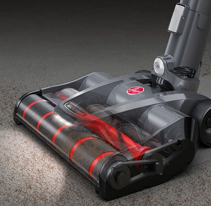 Close up of Hoover emerge vacuum cleaner in action highlighting the dusttracker LED headlights to illuminate the cleaning path, making messes easier to see.