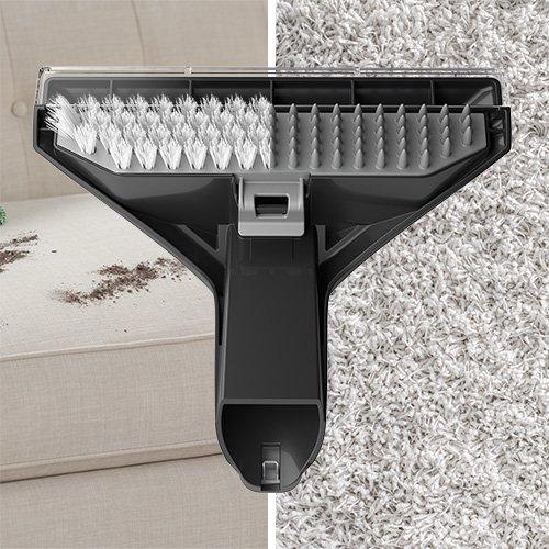 Close up of the Hoover Cleanslate pet cleaner upholstery tool, showcasing its dual brush design
