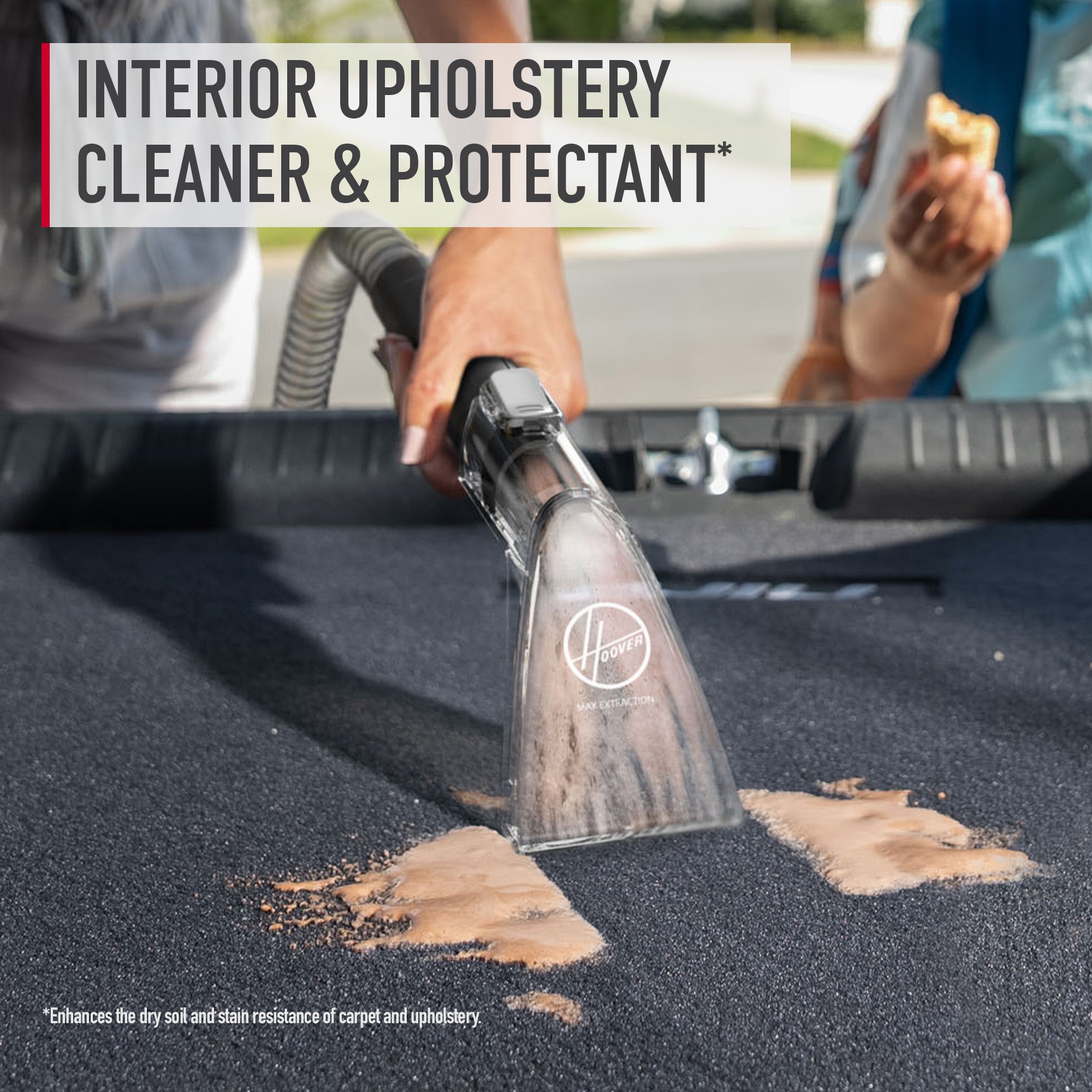 Someone using Hoover interior upholstery cleaner and protectant on car seat to remove tough stains and enhance fabric protection.