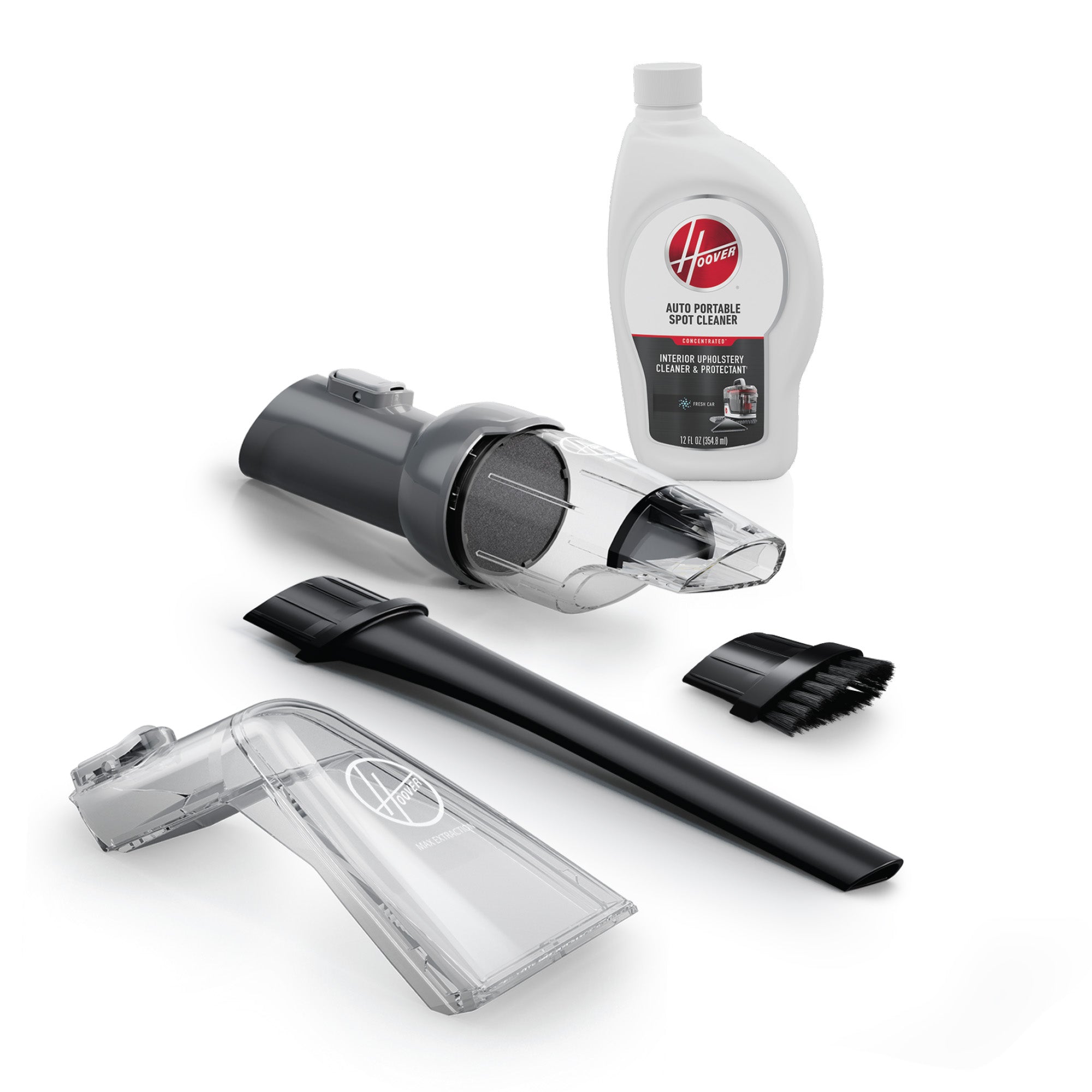 Close-up display of the Cleanslate Car cleaning bundle accessories, the dry debris tool, max extraction tool, bristle agitator insert, crevice insert and the 12 oz. auto solution.
