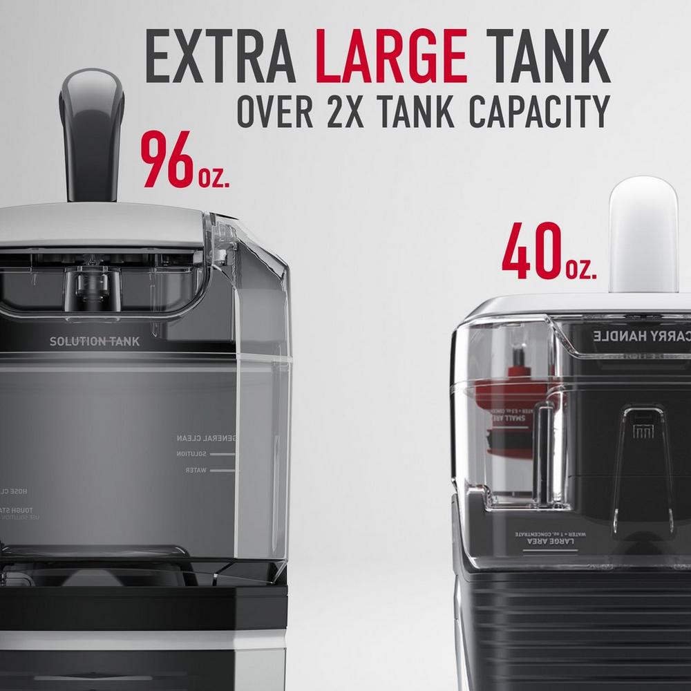 Comparison of two cleaner tanks, showing the Hoover Cleanslate extra large tank with a 96 oz capacity on the left versus a standard tank with a 40 oz capacity on the right.