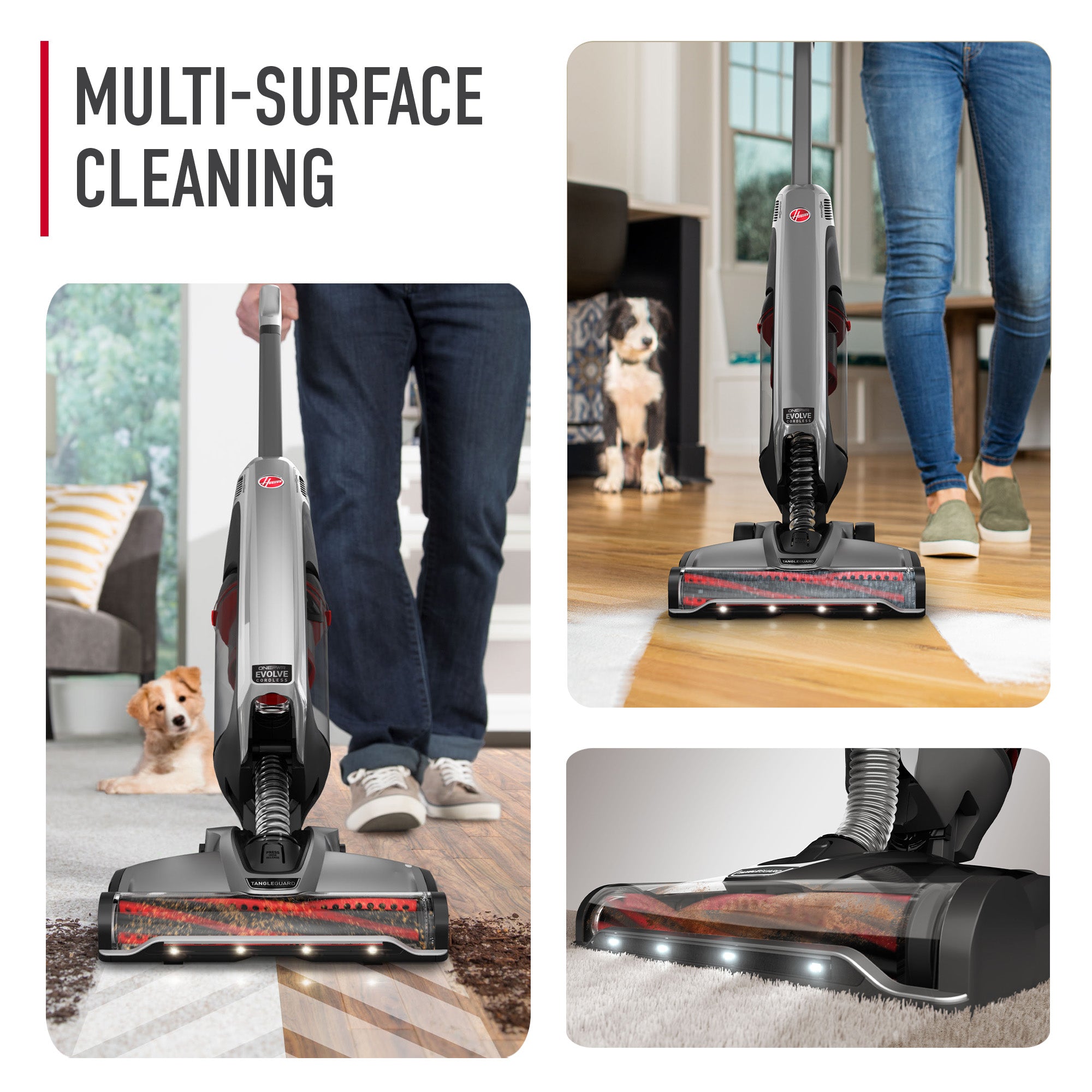 ONEPWR evolve pet elite is shown in 3 frames on different floor types highlighting its multi surface cleaning ability. Evolve pet elite is shown removing tiny dirt particles and pet hair from a hardwood floor and a white carpet