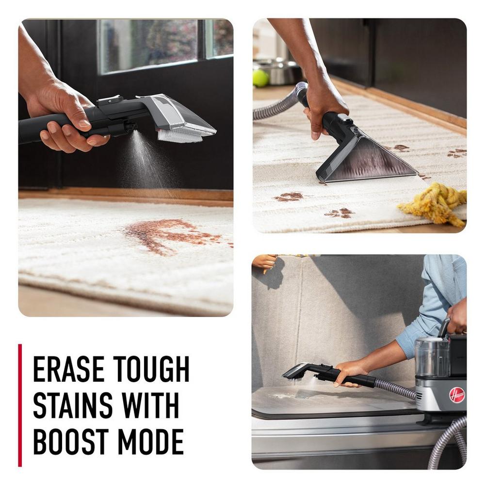 Sequence of images demonstrating the powerful stain removal capabilities of a Hoover cleaning device using boost mode on carpets and upholstery.