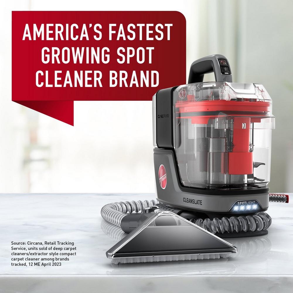 Hoover Cleanslate portable spot cleaner with spotlight pictured with "America's Fastest Growing Spot Cleaner Brand" callout.