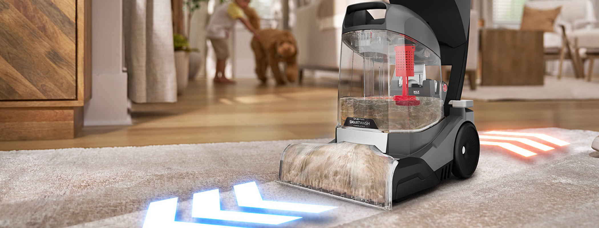 View of Hoover carpet cleaner in action showcasing its ability to automatically sense when to wash and dry while cleaning.