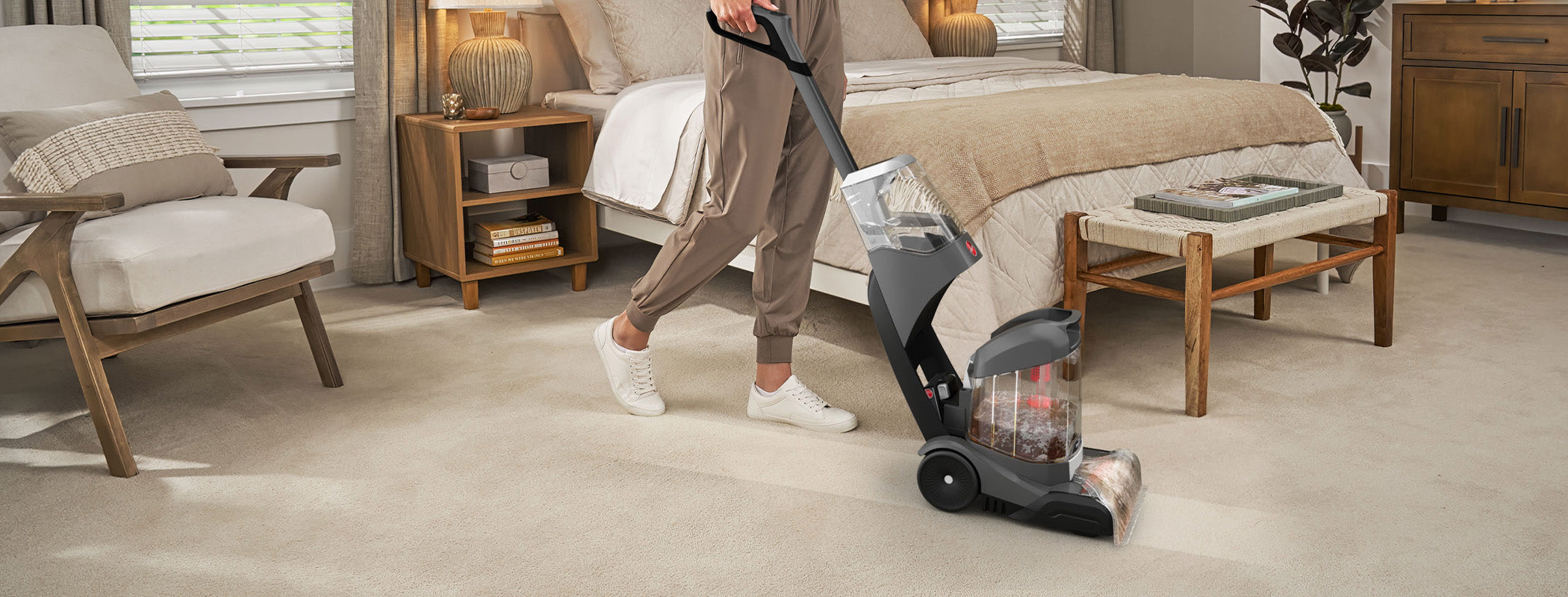 Onepwr carpet cleaner in action on a light colored carpet.