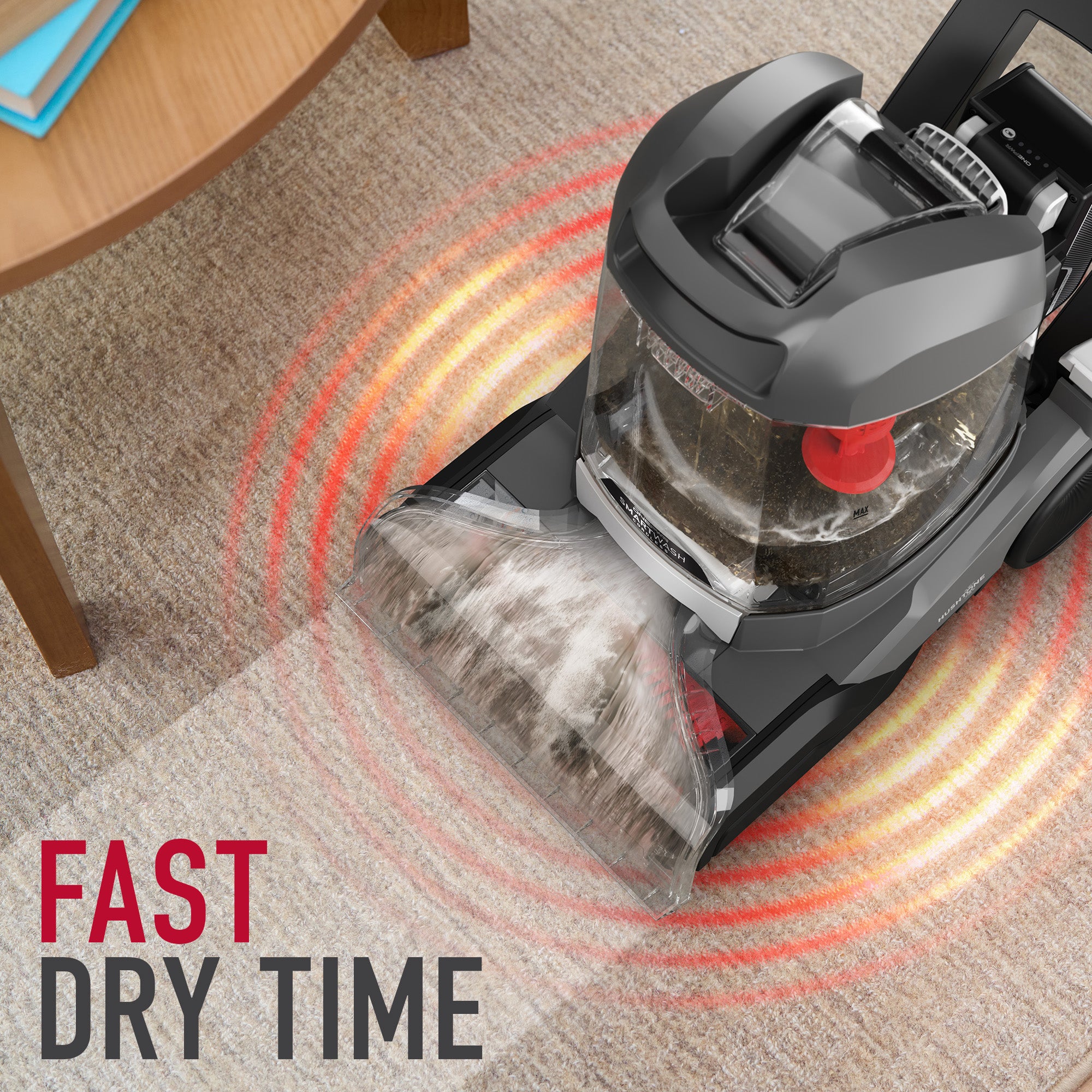 Hoover carpet cleaner with fast dry time feature in action on a beige carpet, showcasing efficient cleaning technology
