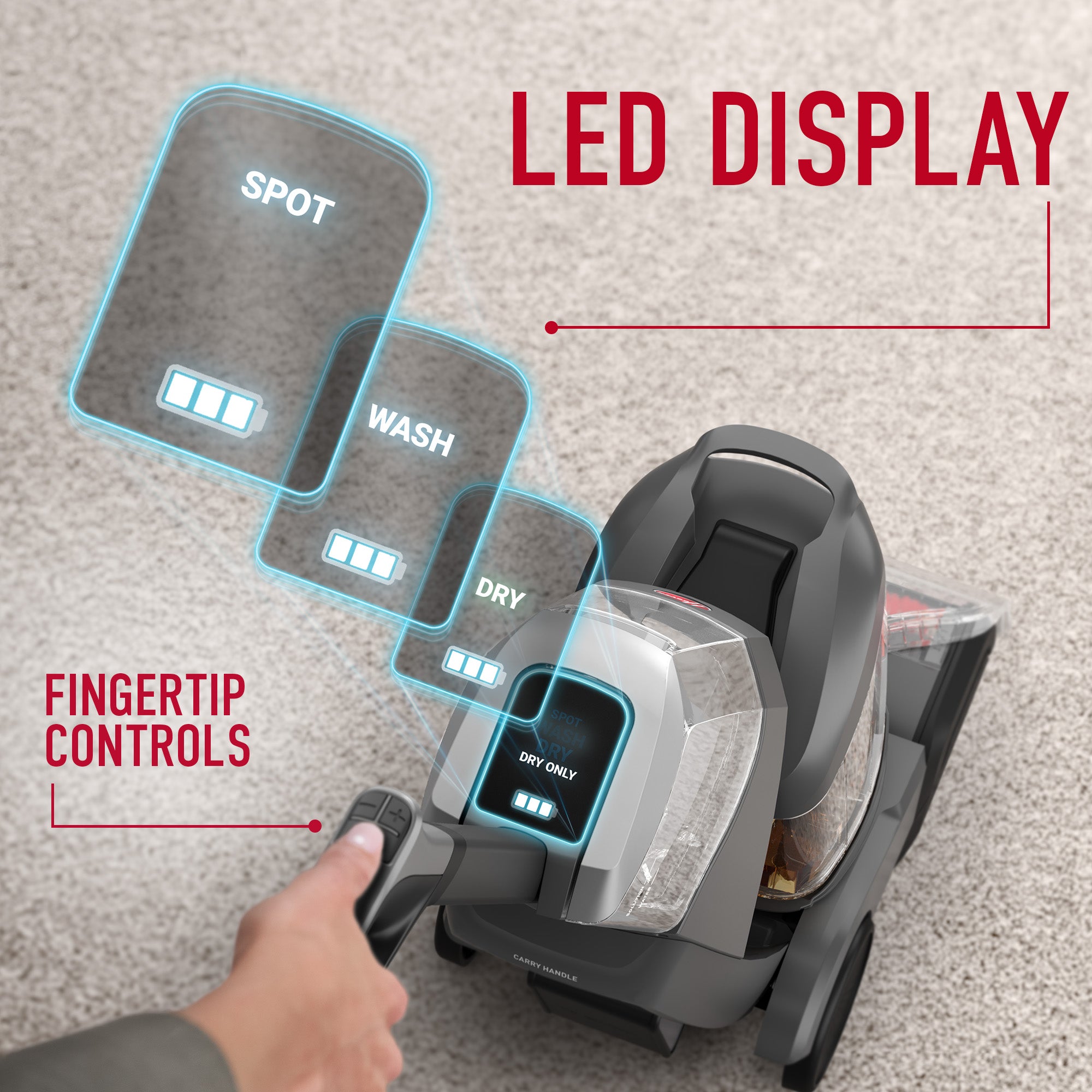 Carpet cleaner featuring LED display and fingertip controls for Spot, Wash, and Dry settings on a beige carpet.