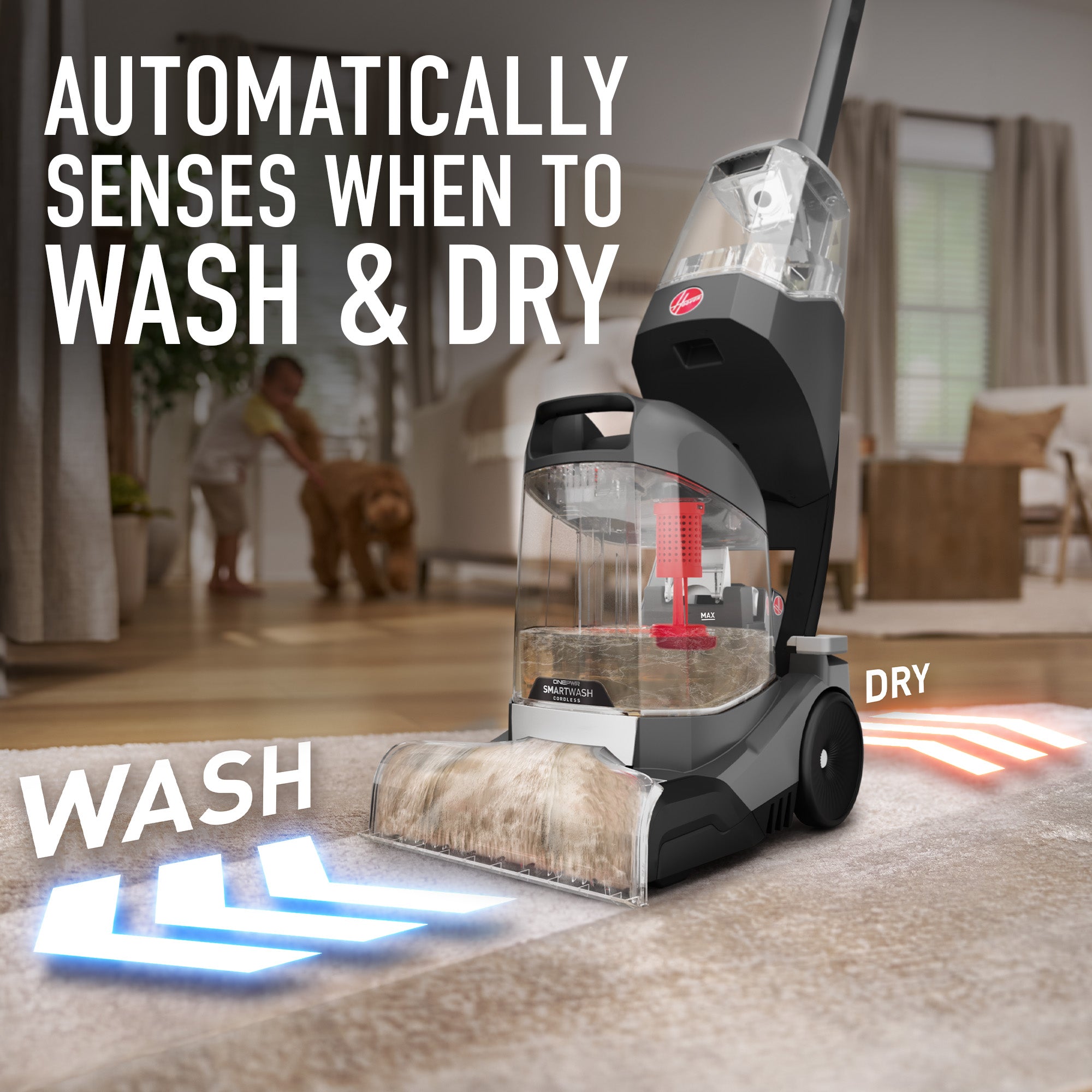 Graphic view of Hoover carpet cleaner in action showcasing its ability to automatically sense when to wash and dry while cleaning.