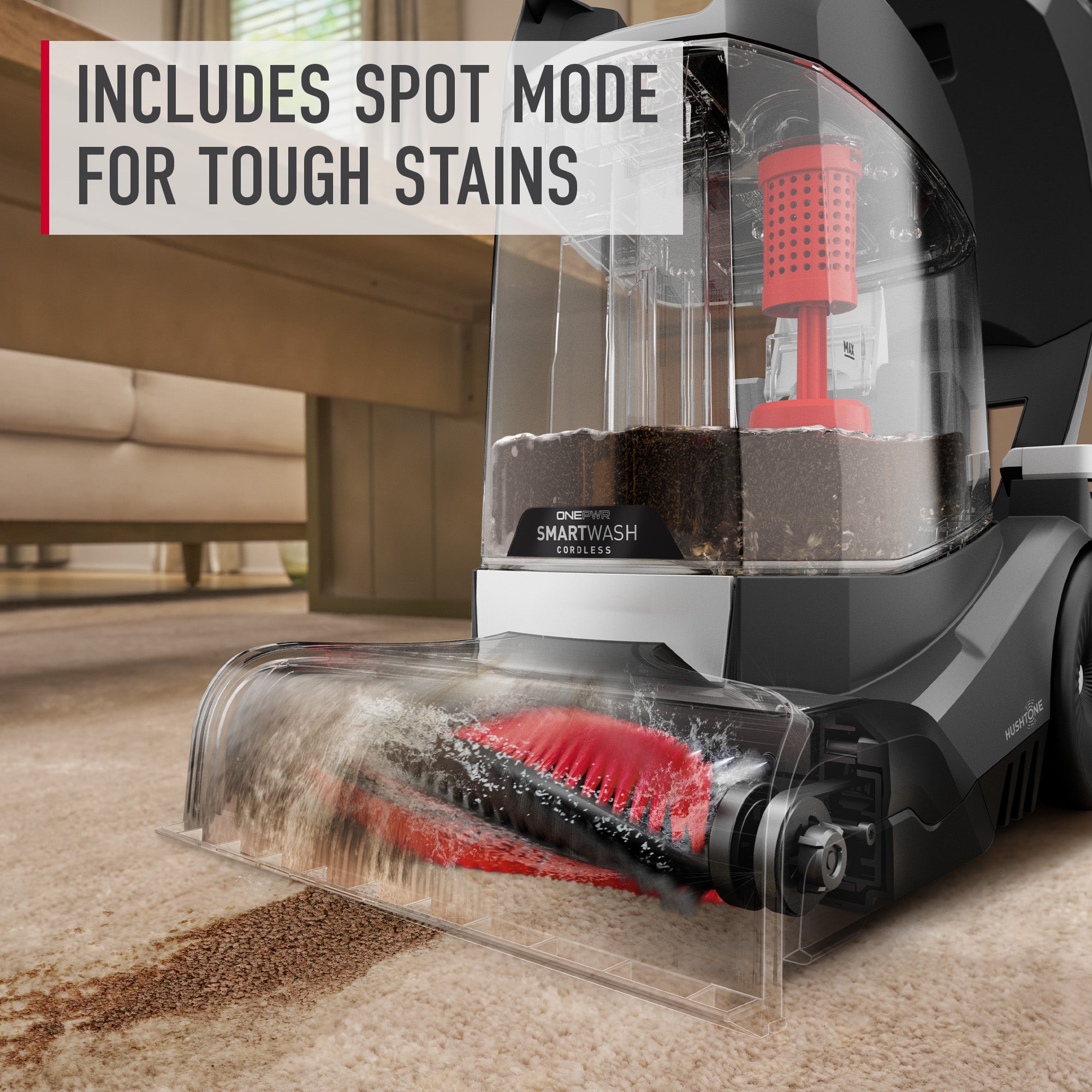 Close up of the Hoover ONEPWR carpet cleaner and its brushroll as it seamlessly cleans a tough stain on a cream colored carpet.