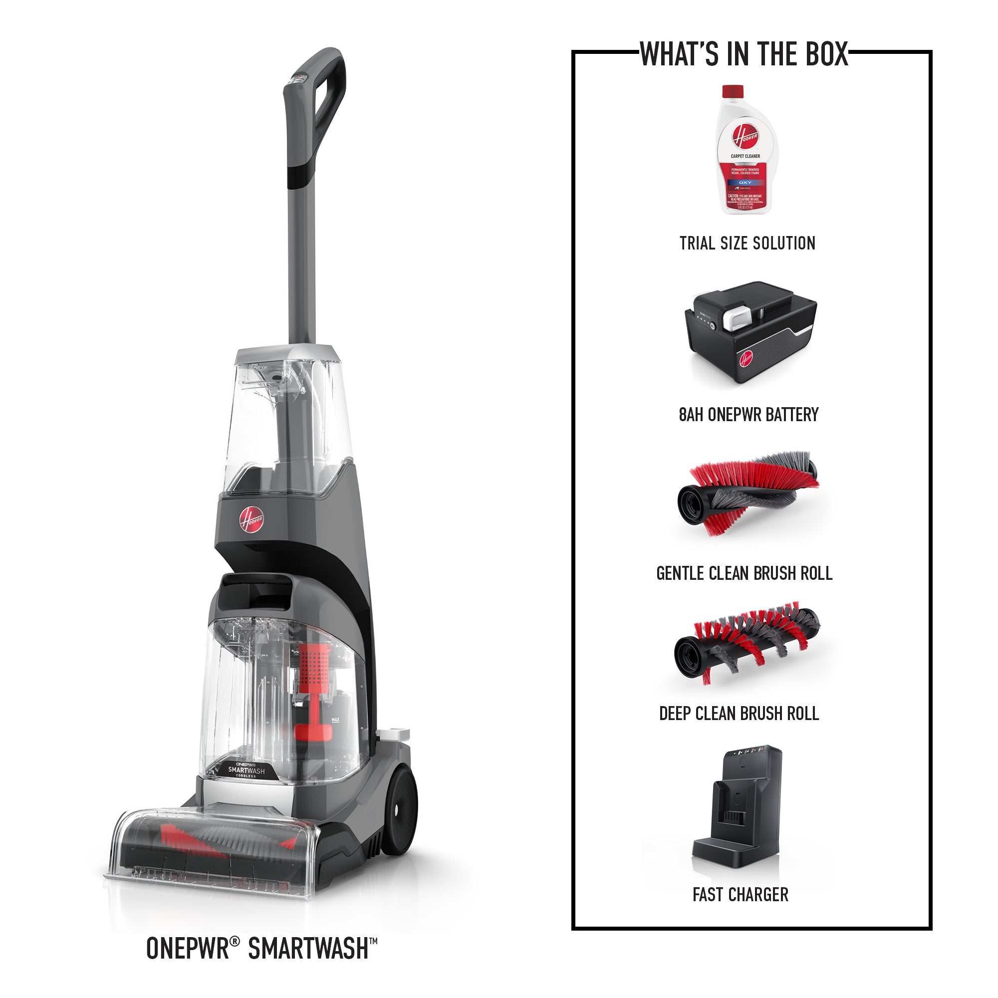 Hoover ONEPWR SmartWash with included accessories: trial size solution, 8Ah battery, gentle clean brush roll, deep clean brush roll, and fast charger.