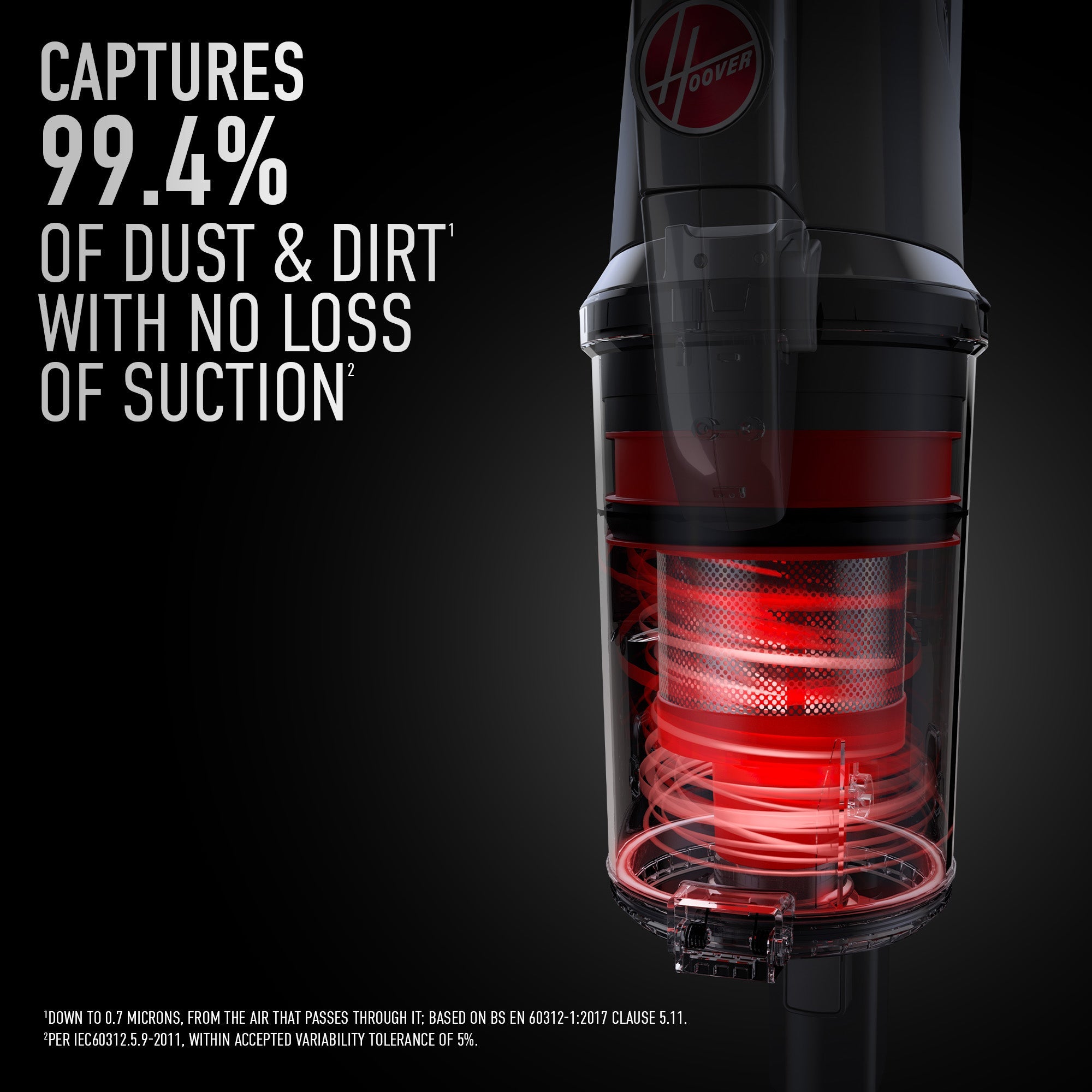 Close up of the hoover onepwr emerge cordless stick vacuum's advanced filtration system and cutting-edge cyclonic technology that captures 99.4% of dust and dirt with no loss of suction.