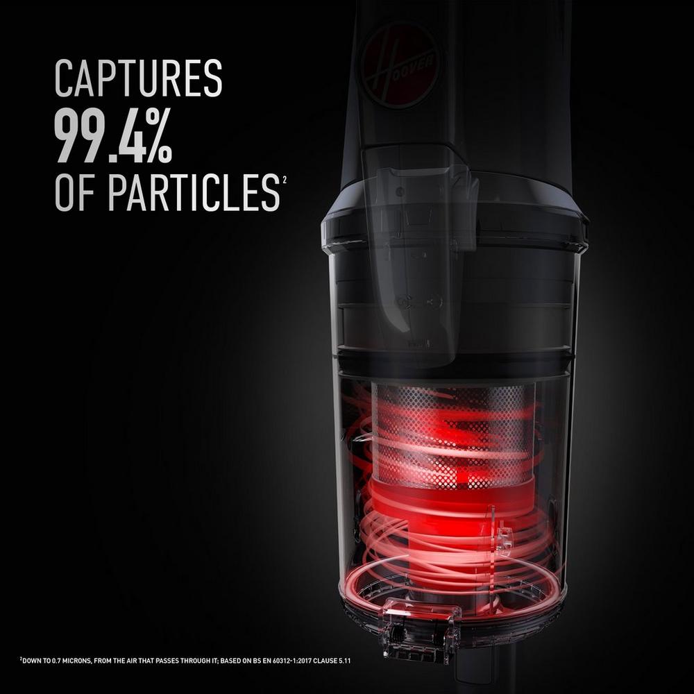 Close up of Hoover vacuum cleaner feature showing the filter and highlighting its ability to capture 99.4% of particles, emphasizing superior filtration for cleaner air.