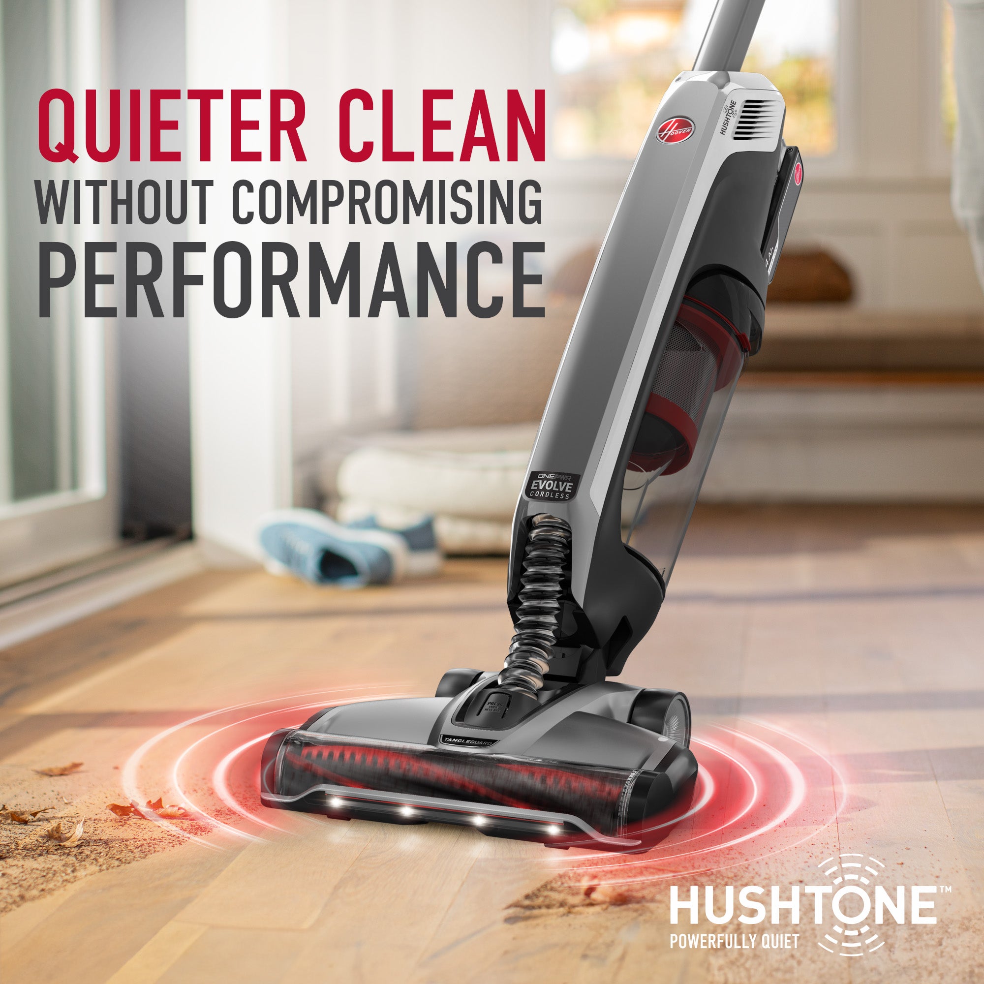 Close up of evolve pet elite showcasing its led lights and hushtone feature. Hushtone technology allows for a quieter clean without compromising performance.