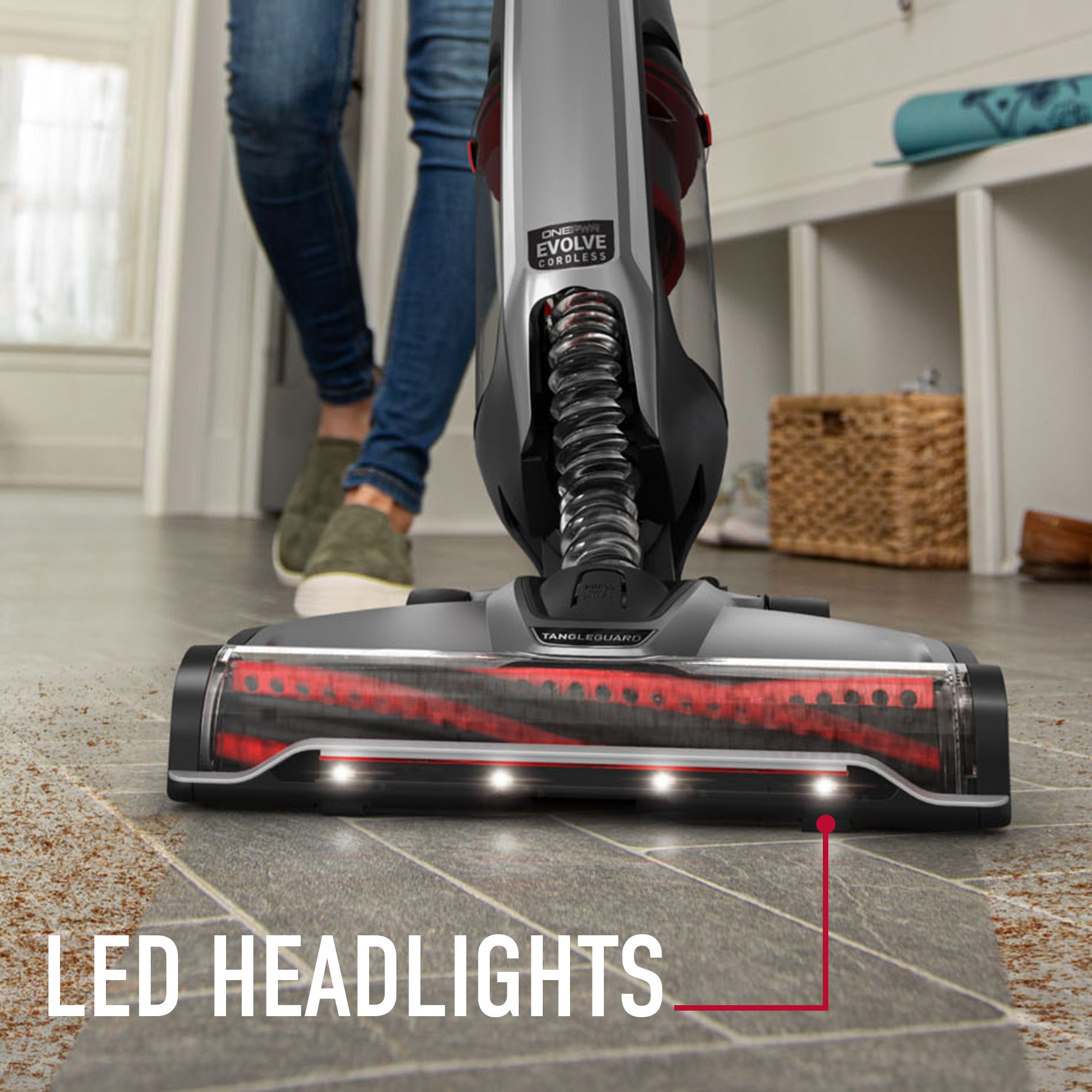 Close up of evolve pet elite showcasing its led lights making cleaning dust and debris easier