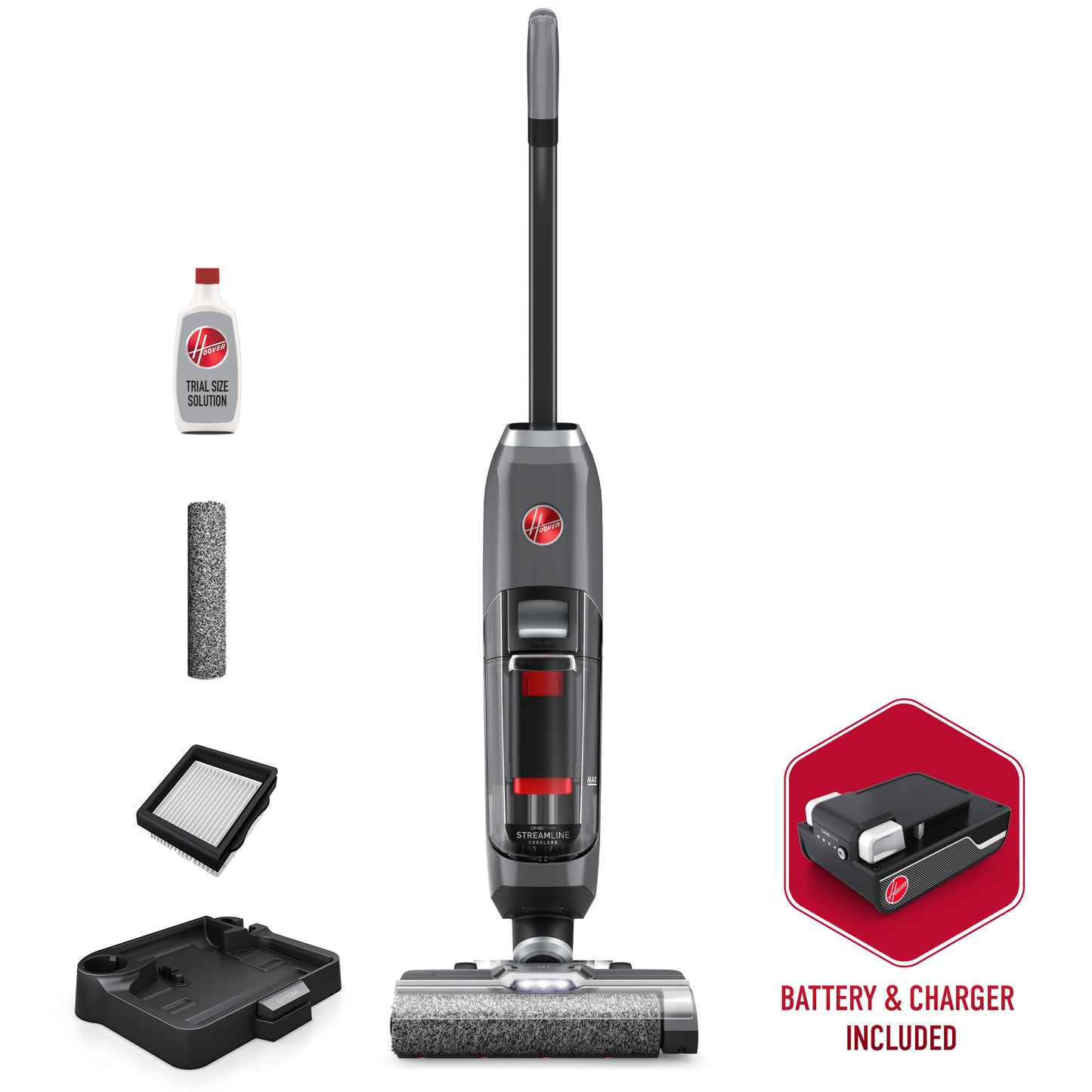 Hoover ONEPWR streamline cordless hard floor wet dry vacuum with boost mode is shown on a white background next to the included products - 1 trial sized solution, 2 microfiber brush rolls, 2 filters, battery and charger and 1 4Ah battery.