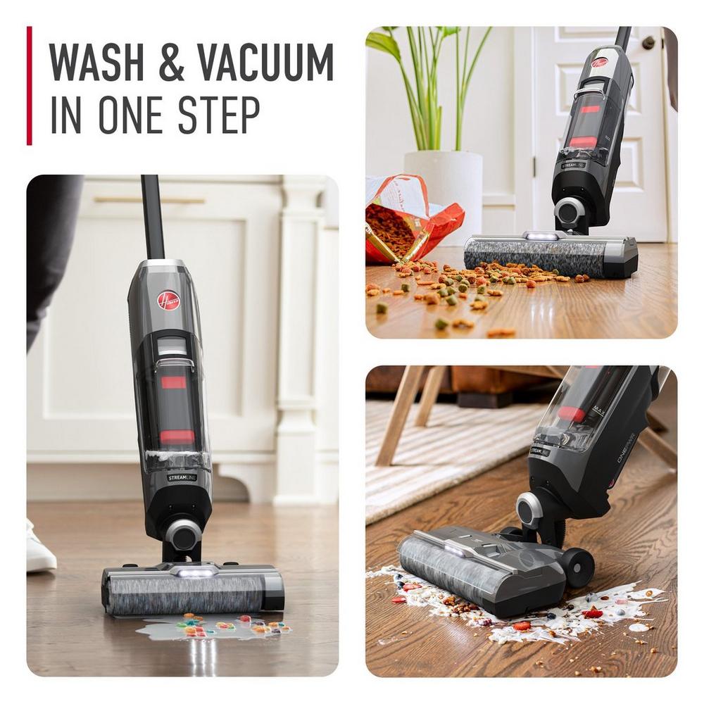 Collage showing the onepwr streamline in action cleaning spilled cereal on hard floors, spilled pet food on hard floors and spilled yogurt and fruit on hard floors. This wet dry vacuum washes and vacuums in one step.