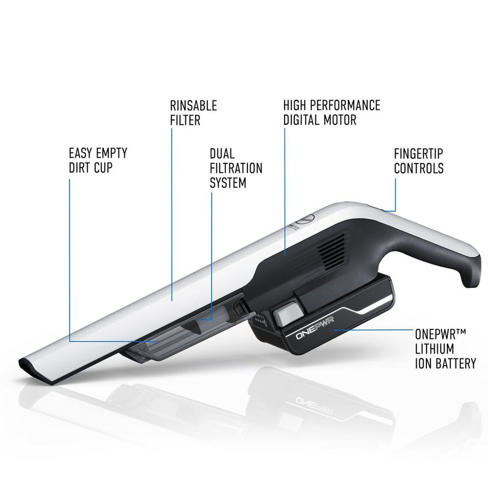 Diagram of a handheld vacuum showcasing key features: easy empty dirt cup, rinsable filter, dual filtration system, high-performance digital motor, fingertip controls, and ONEPWR lithium-ion battery.