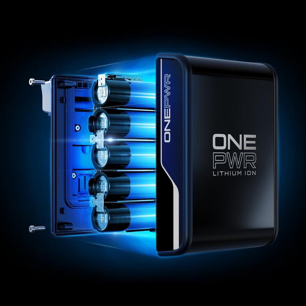 Cutaway view of ONEPWR lithium-ion battery showing internal components, including battery cells and circuit board, highlighting the advanced technology for efficient power delivery.
