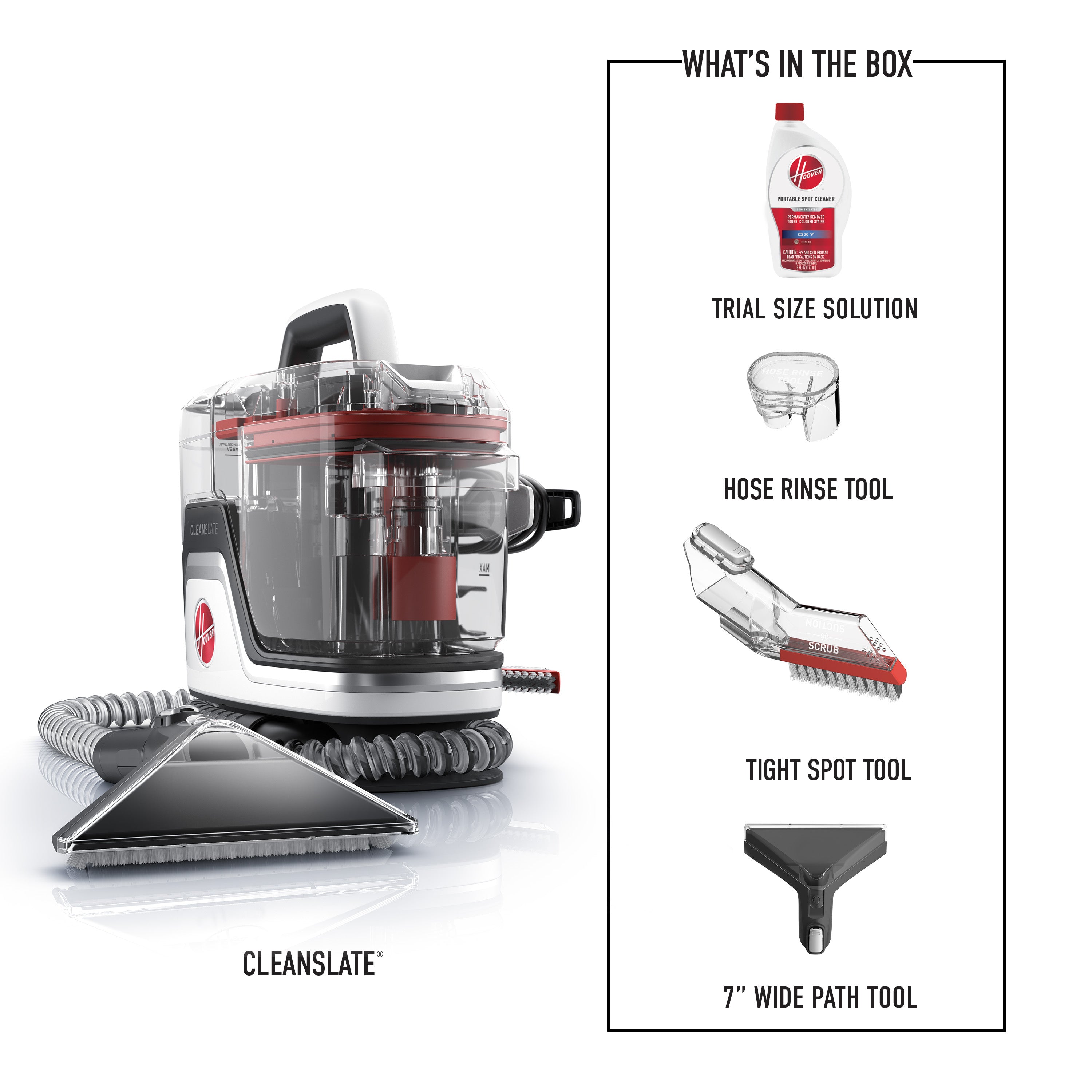 Hoover CleanSlate portable carpet cleaner with accessories, including trial size cleaning solution, hose rinse tool, tight spot tool and 7 inch wide path tool.
