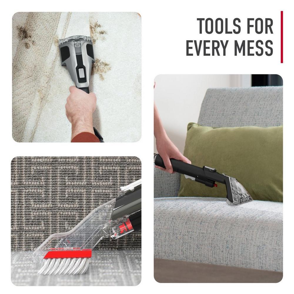 The Hoover widepath tool, pet tool and tight spot tool shown cleaning a carpet, stairs, and a couch, highlighting the versatility of the included tools