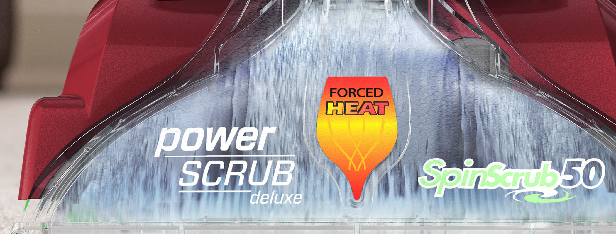 Close up of Hoover power scrub carpet cleaner head in action, featuring spinscrub 50 technology and forced heat for faster drying