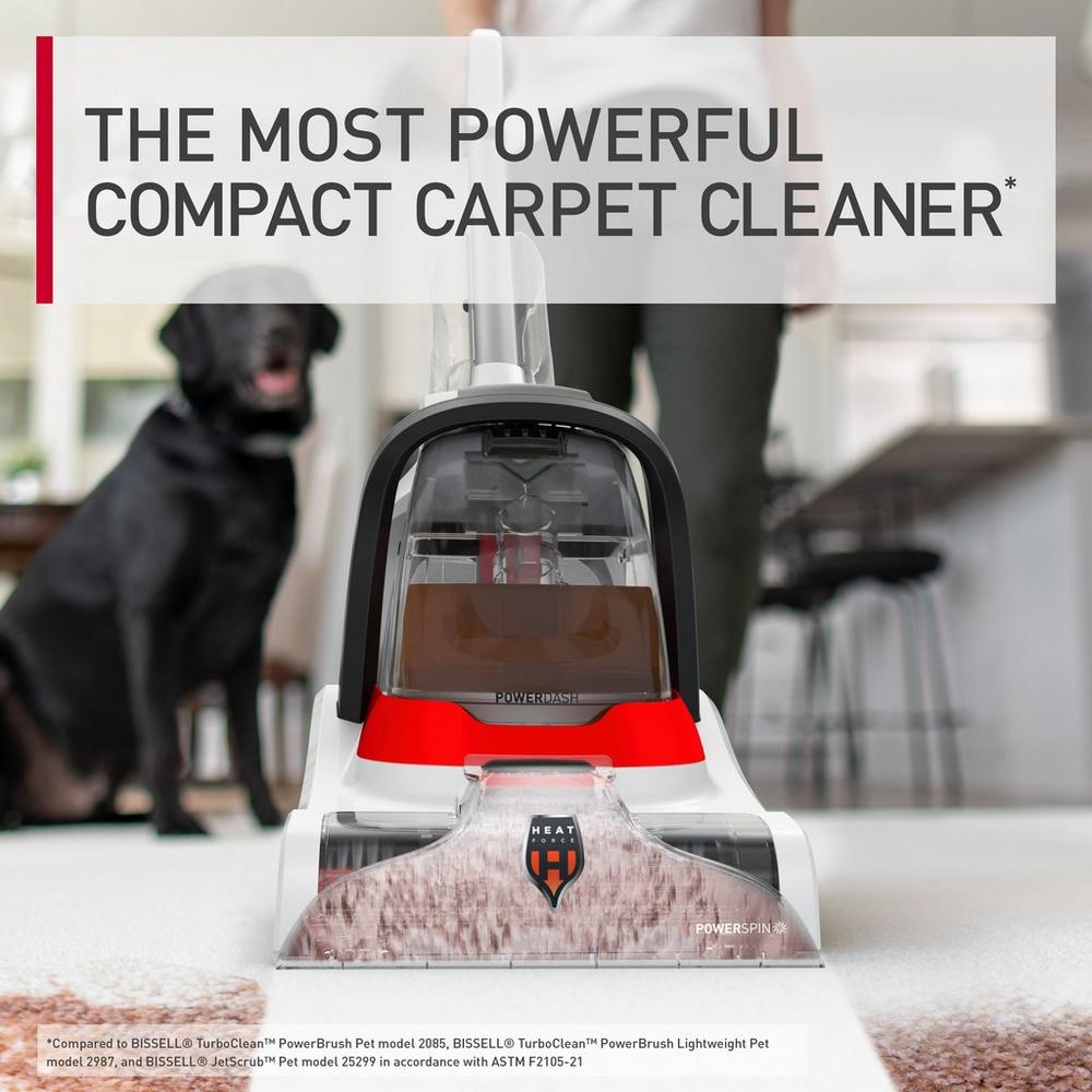 Hoover carpet cleaner labeled as 'The Most Powerful Compact Carpet Cleaner,' with a black dog in the background, highlighting its effectiveness for pet owners.