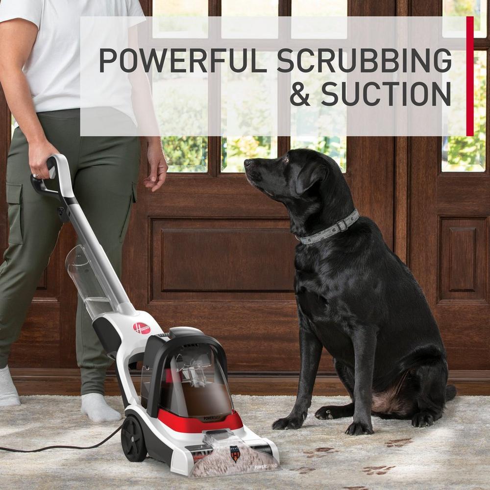 Person using a Hoover carpet cleaner showcasing powerful scrubbing and suction, with a black dog nearby, emphasizing its effectiveness in a pet-friendly home.