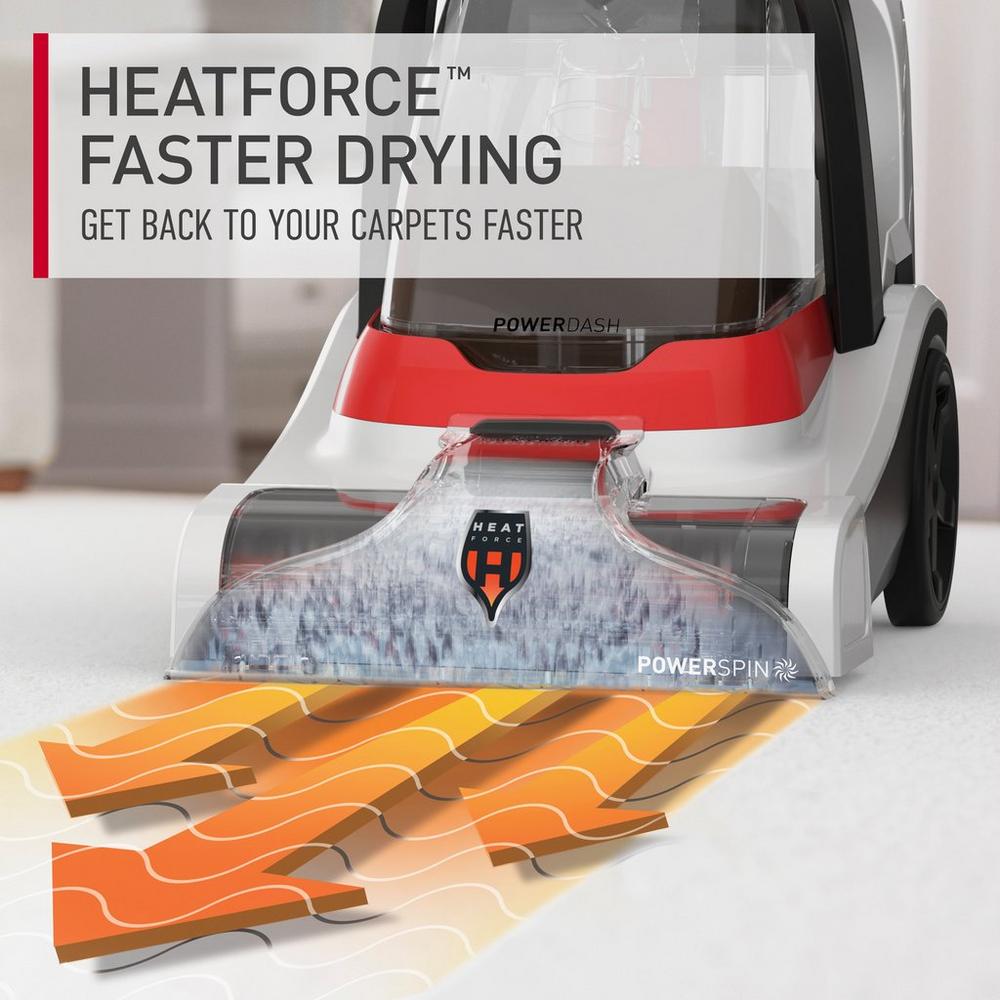 Hoover carpet cleaner with HeatForce™ technology, highlighting faster drying capabilities with visual indicators for efficient carpet cleaning.