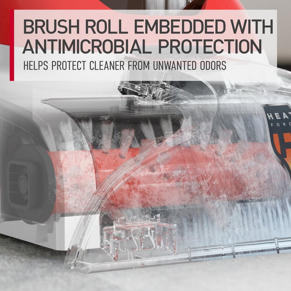 Close-up of a Hoover carpet cleaner's brush roll embedded with antimicrobial protection, designed to help prevent unwanted odors and maintain cleanliness.