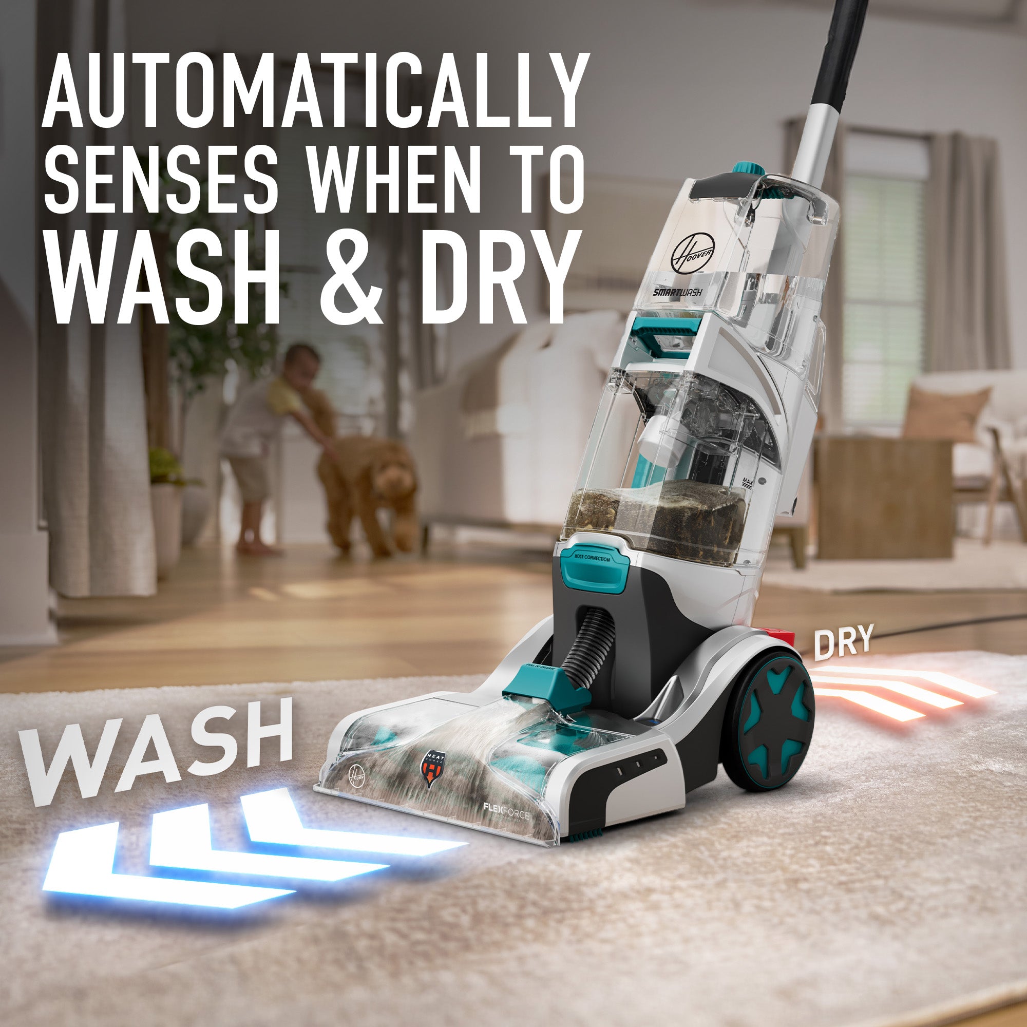 Hoover Smartwash+ automatic carpet cleaner in action demonstrating it's ability to automatically sense when to wash & dry.