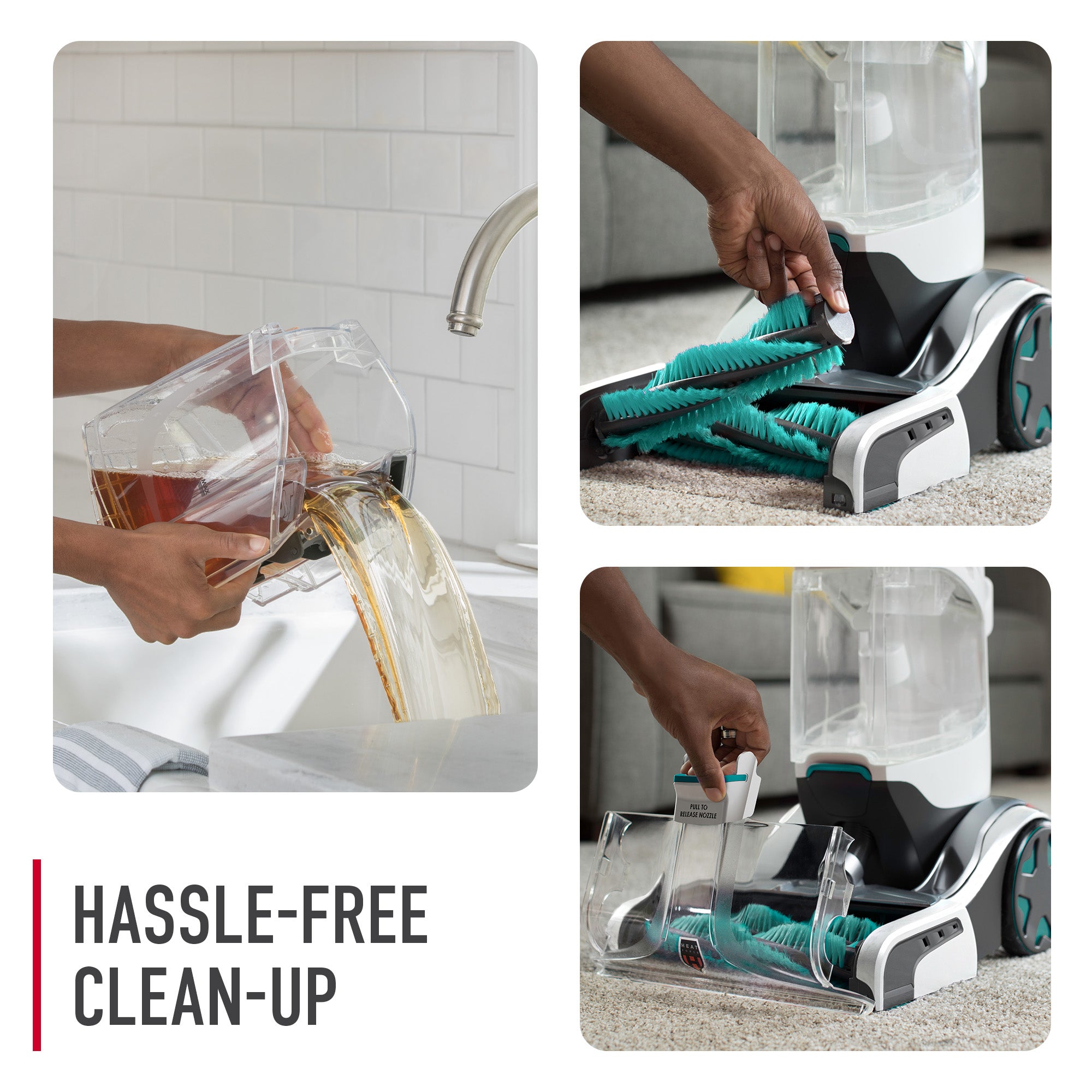 Hoover carpet cleaner showcasing its hassle free cleanup. The image displays three steps: emptying the dirty water tank under a faucet, easily removing the brush roll, and reassembling the vacuum.