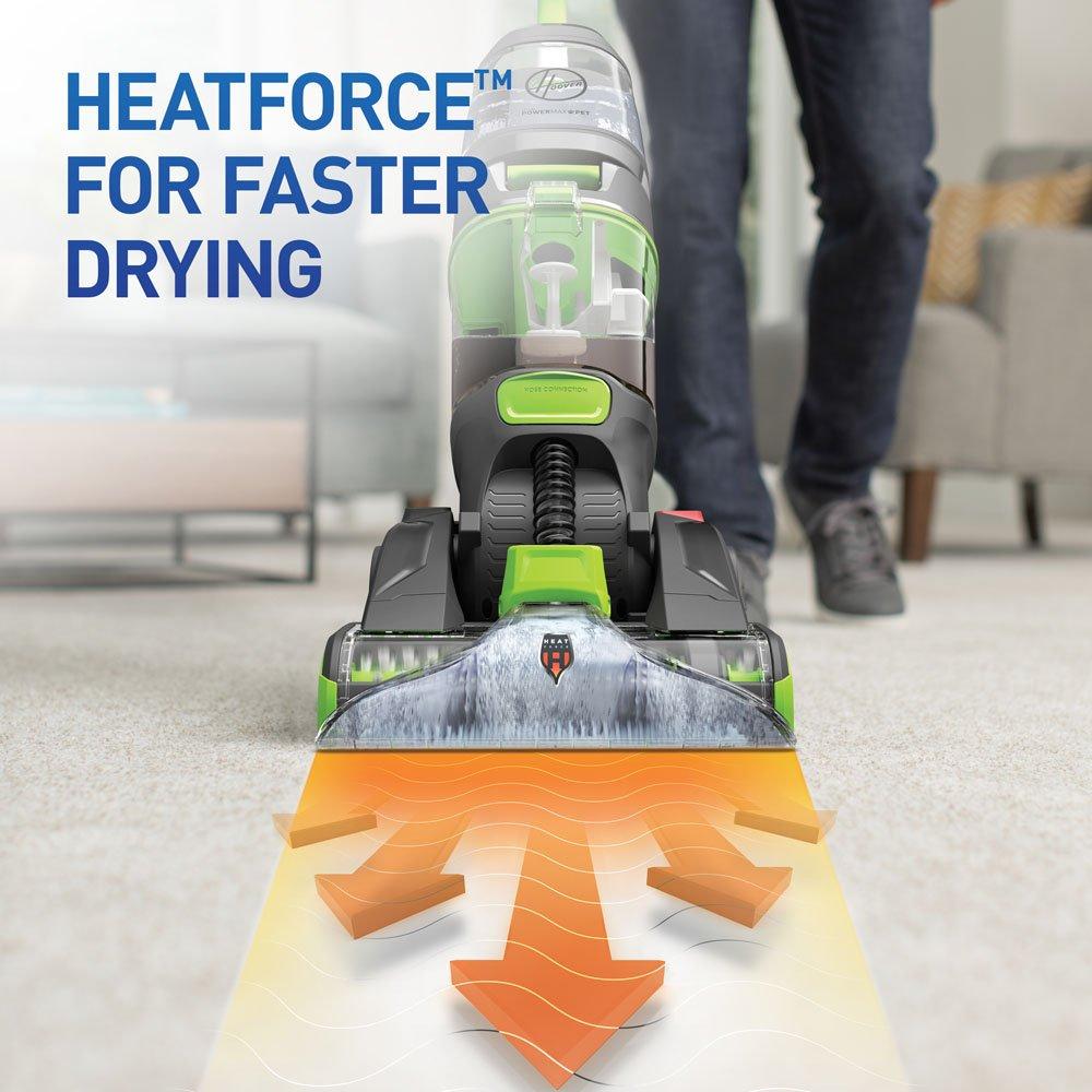 Hoover Dual power max pet carpet cleaner with HeatForce technology for faster drying, shown cleaning pet stains on a light colored carpet.