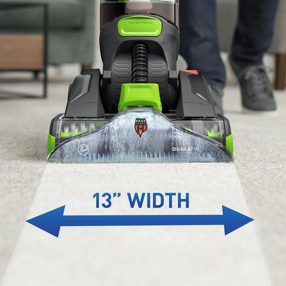 Hoover Dual power max pet carpet cleaner with DualSpin technology, showcasing a 13-inch cleaning width, demonstrated on carpet.