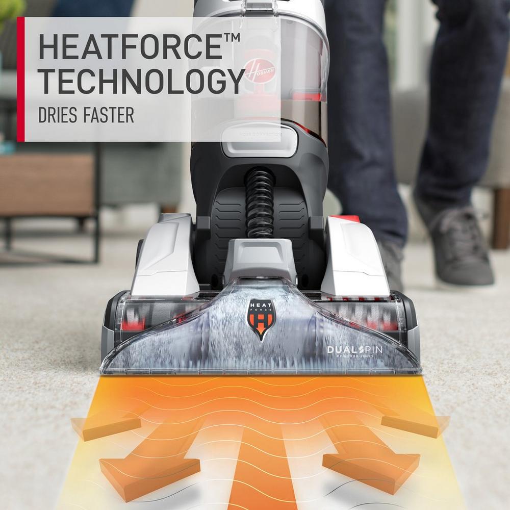 Close-up of a carpet cleaner featuring HeatForce™ technology that dries surfaces faster, illustrating its effectiveness in enhancing cleaning efficiency.