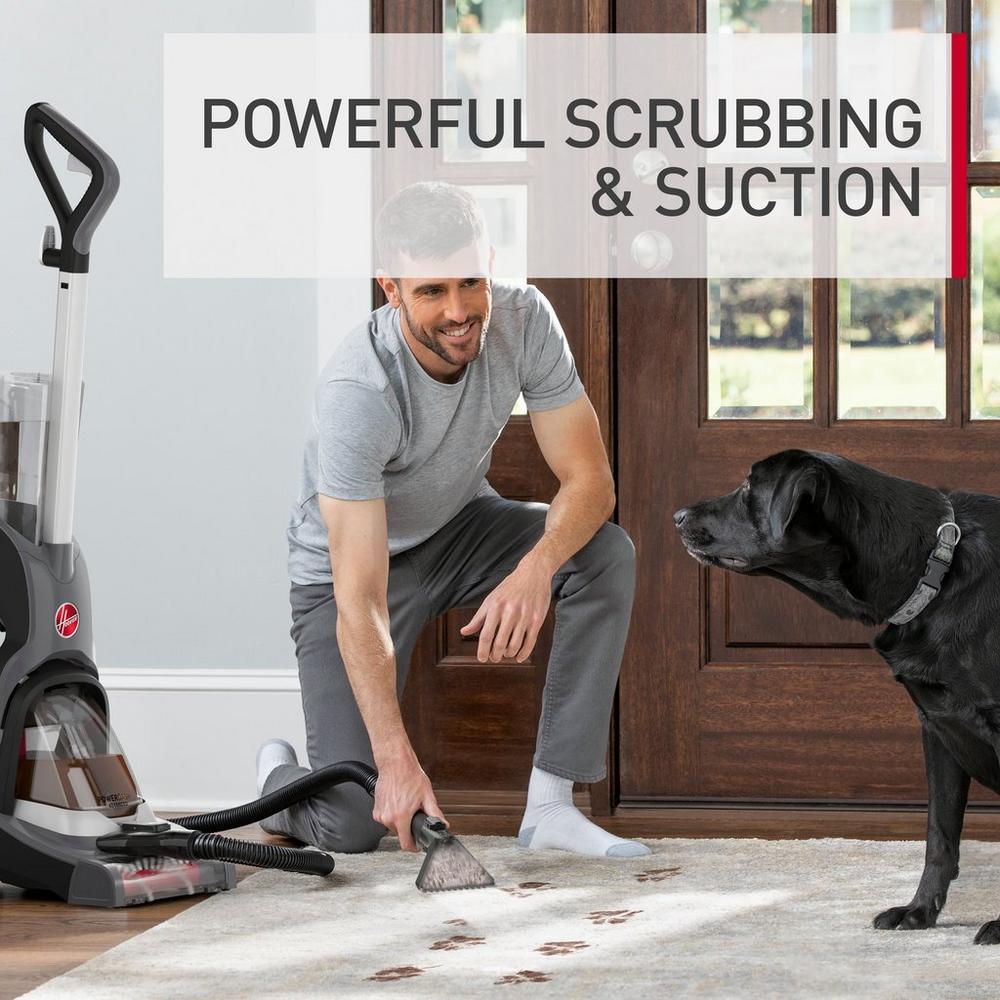 Man using his powerdash pet advanced 2 in 1 pet tool to clean paw prints from area his area rug showcasing its powerful scrubbing and suction capabilities