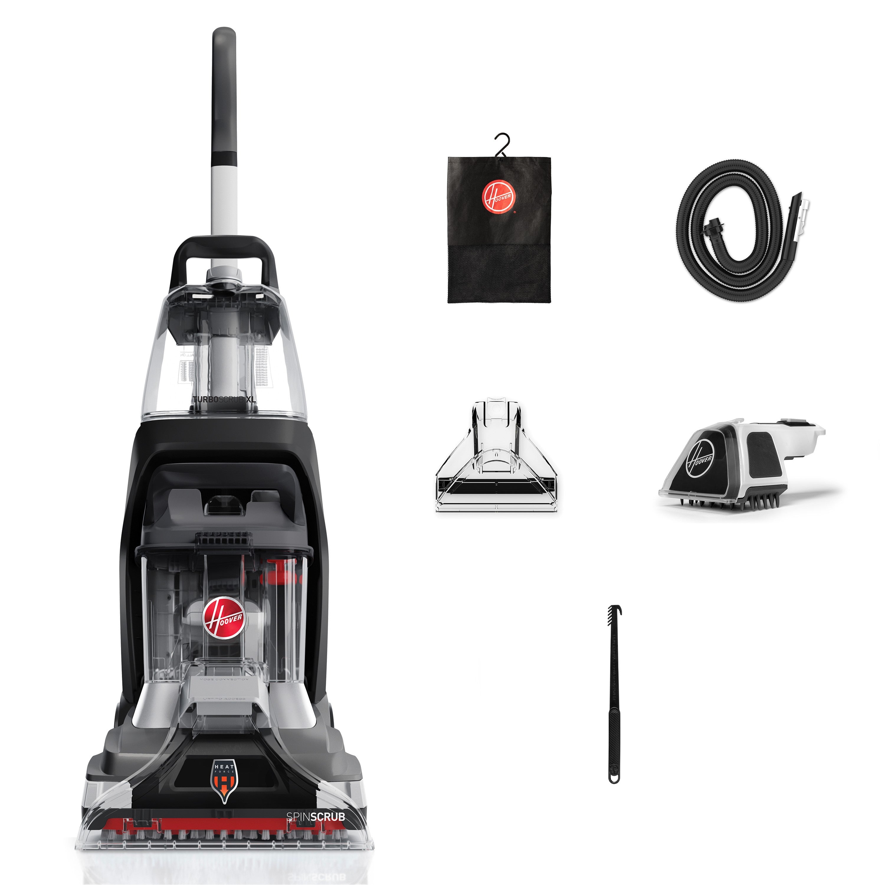 Hoover Turbo Scrub carpet cleaner with accessories including a detachable cleaning tool, hose, cleaning cloth, small brush, and nozzle attachment for effective home cleaning.