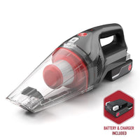 Compact and portable handheld ONEPWR hand vacuum being shown on a white background, highlighting its transparent dustbin, ergonomic handle, and high efficiency filtration system.  The battery and charger that are shown next to the vacuum are included for extended clean time and convenient use.