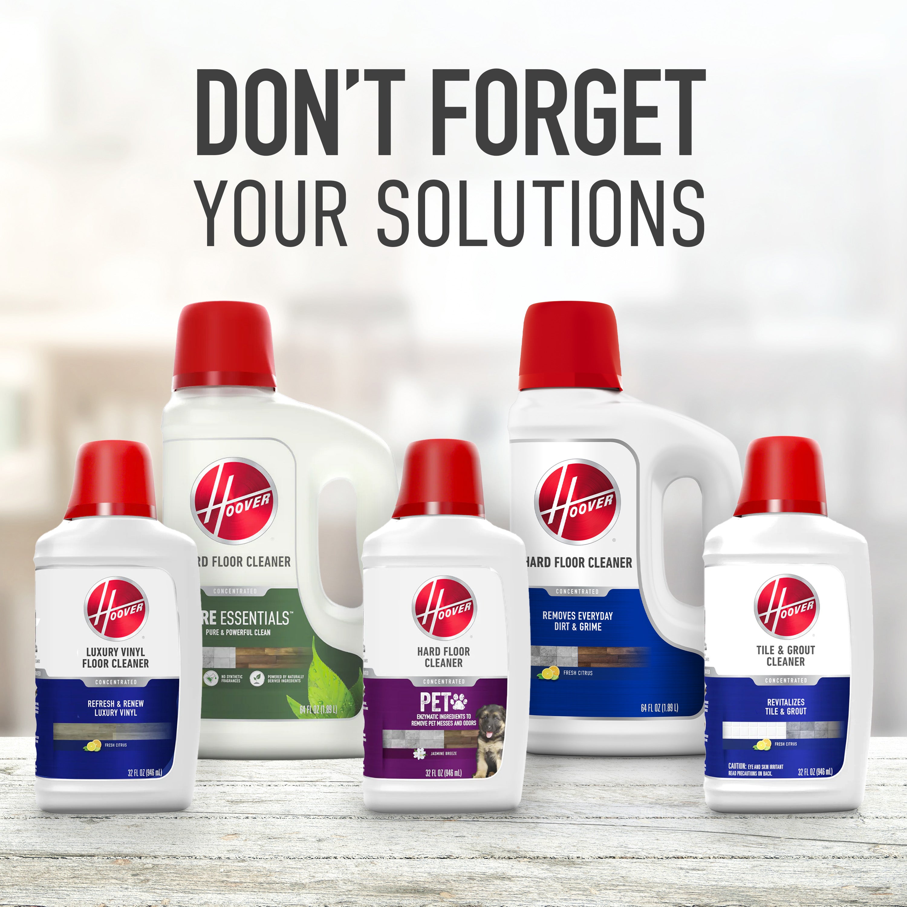 5 Hoover cleaning solutions lined up displayed including luxury vinyl floor cleaner, multi surface floor cleaner, hard floor cleaner, pet formula, and tile & grout cleaner.