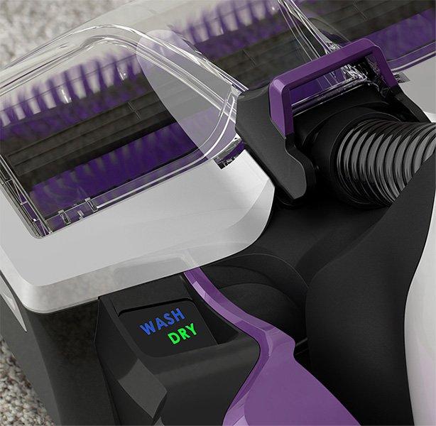 Close up of Hoover smartwash pet complete wash/dry button for easy operation