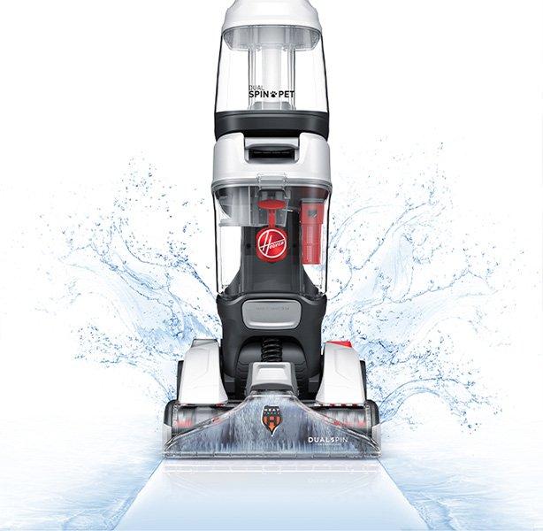 Hoover DualSpin™ carpet cleaner with a water splash graphic, emphasizing its effectiveness in deep cleaning, especially for pet stains.