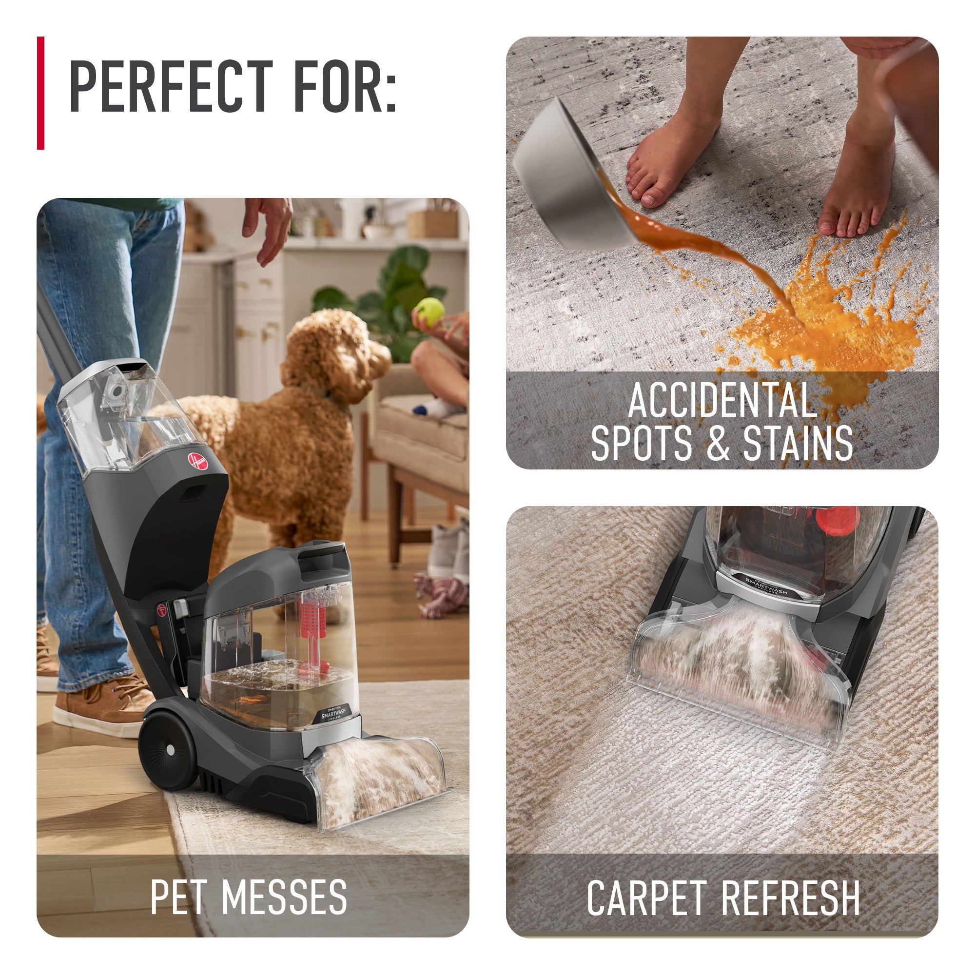 Hoover carpet cleaner ideal for pet messes, accidental spots and stains, and carpet refresh, shown in various cleaning scenarios.