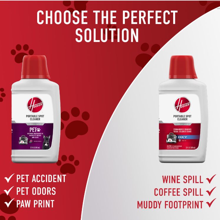 Side by side comparison of the portable spot pet cleaner solution which is best to clean pet accidents, pet odors, and paw prints. Alternatively, the portable spot cleaner solution is best for wine spills, coffee spills and muddy footprints.