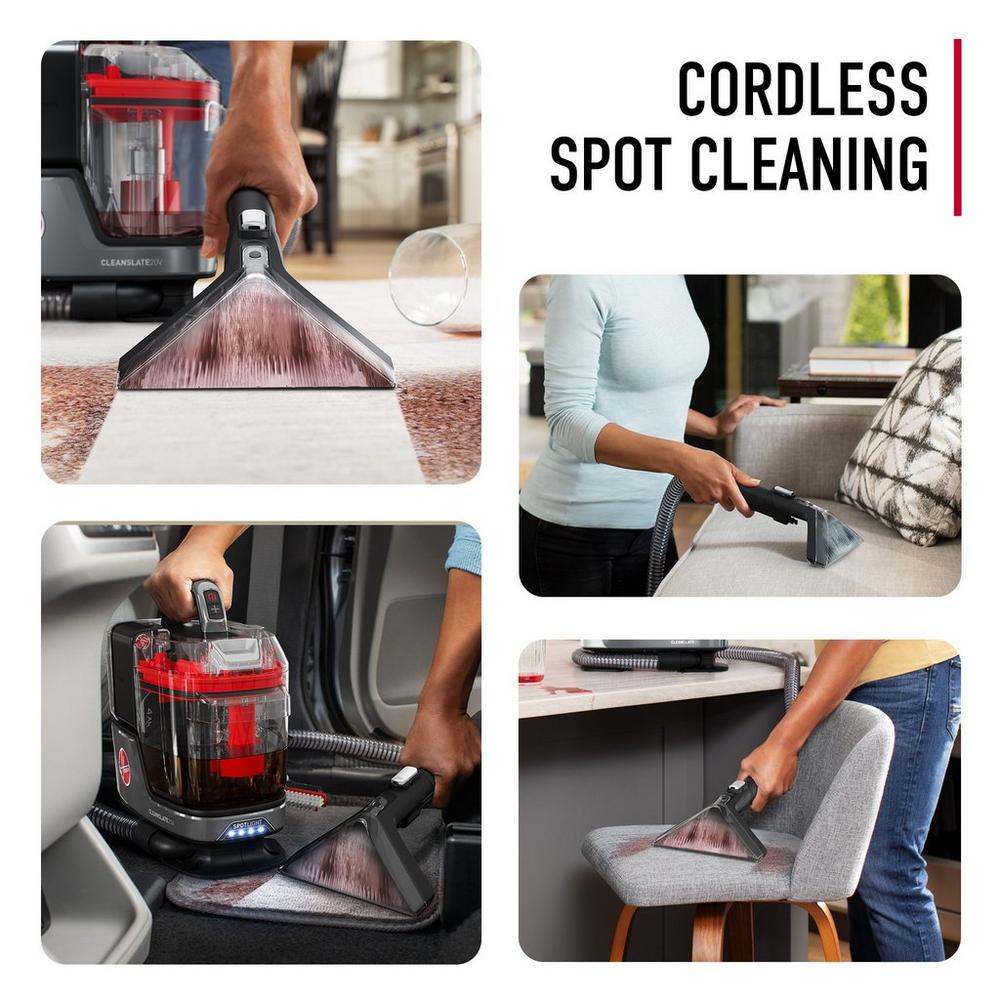 Cordless spot cleaning with Hoover Cleanslate spot cleaner collage, showcasing effective cleaning on various surfaces such as a couch upholstery, upholstery on bar stools, light colored rug, and car interior.