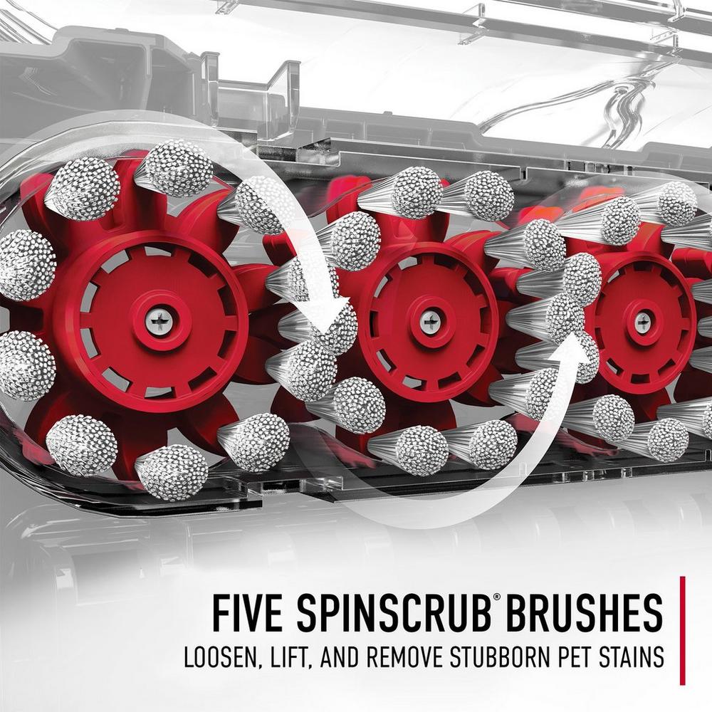 Close-up of five SpinScrub brushes designed to loosen, lift, and remove stubborn pet stains, showcasing their effective cleaning technology for carpets.