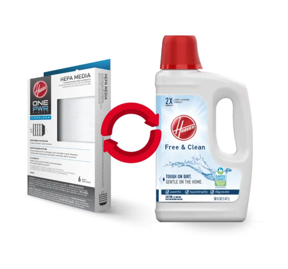 Hoover HEPA vacuum bags and Hoover Free and Clean cleaning solution separated by recycling sign.
