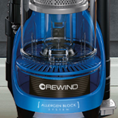 Close up of the Hoover Rewind vacuum cleaner's allergen block technology and rewind feature, highlighting advanced filtration and convenient cord management