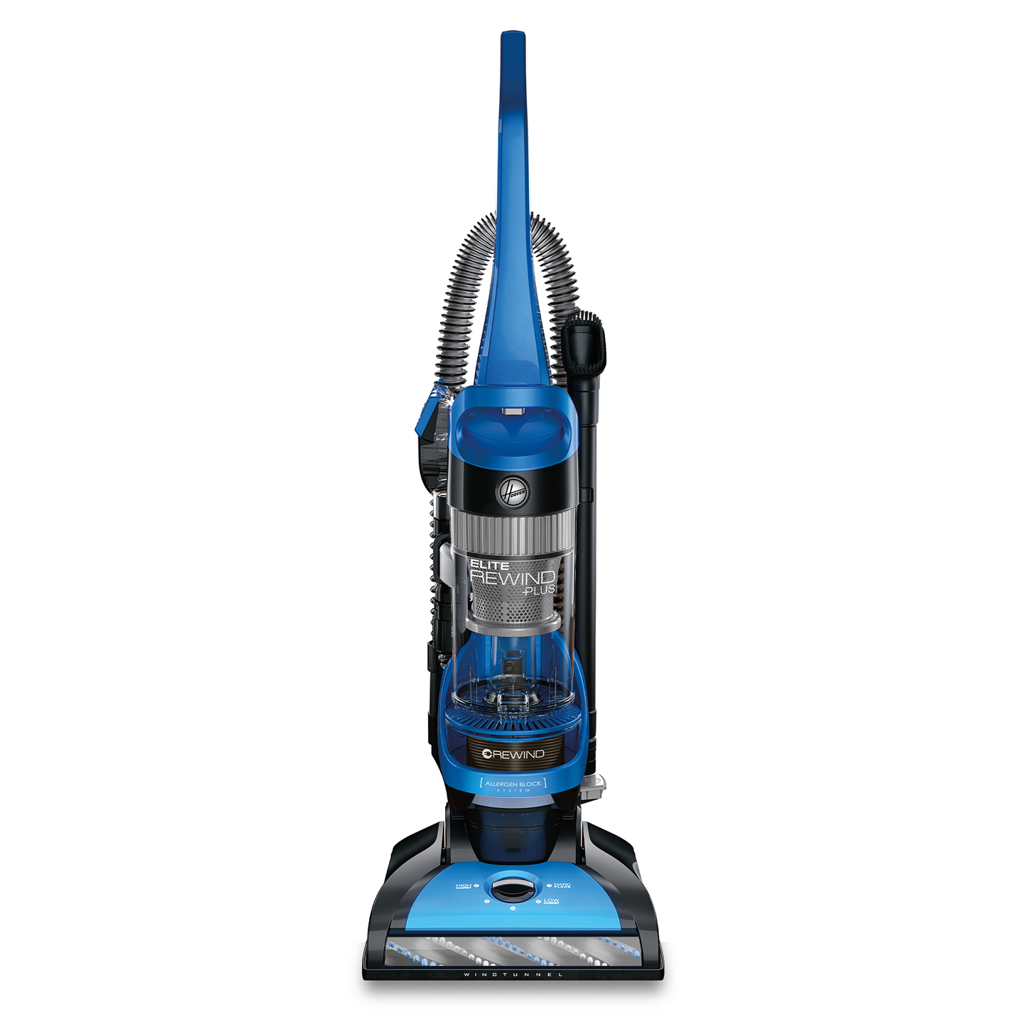 Blue Hoover Elite Rewind Plus upright vacuum cleaner with attached hose and accessories, highlighting powerful cleaning and convenient cord rewind feature